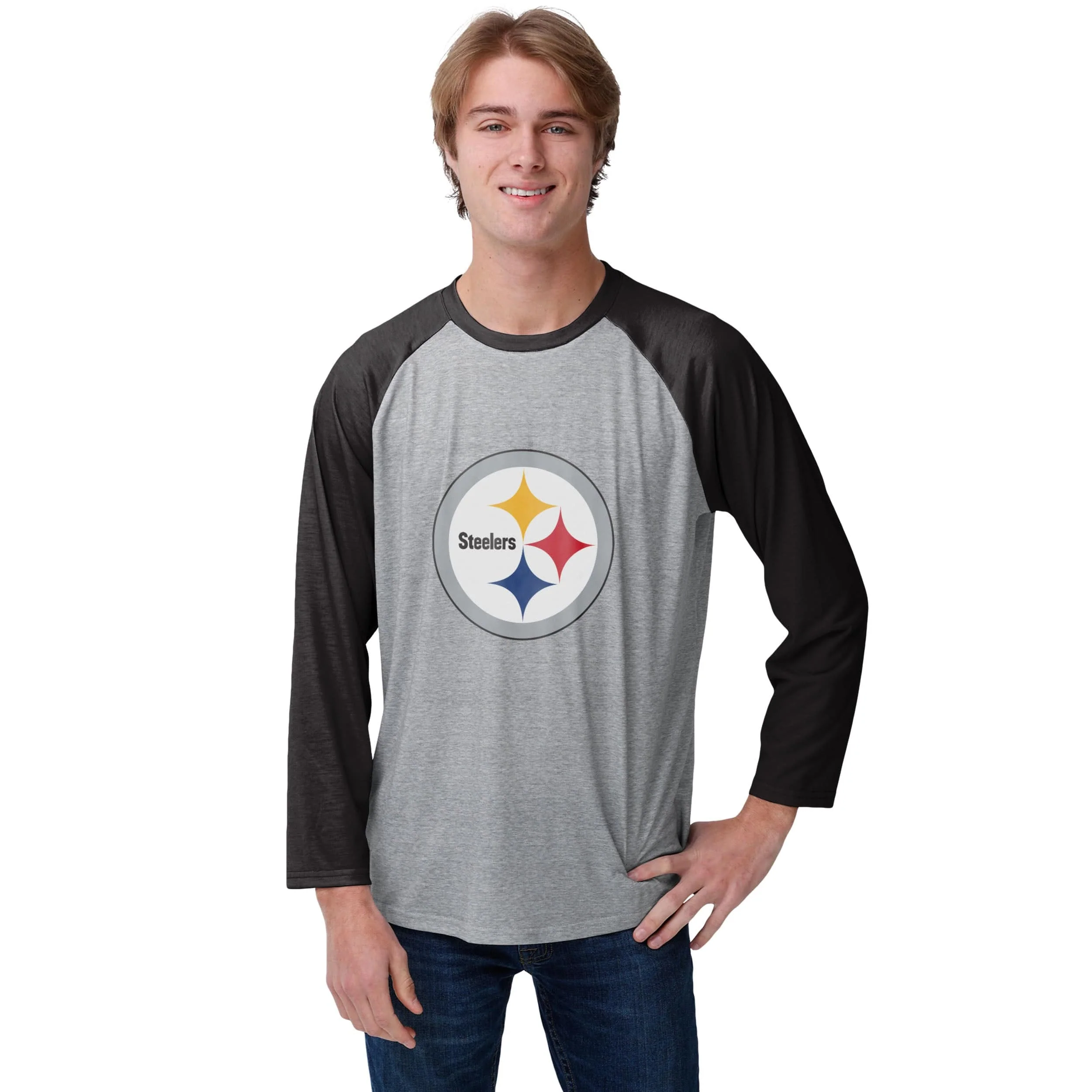 Pittsburgh Steelers NFL Mens Gray Big Logo Raglan T-Shirt - Image 2