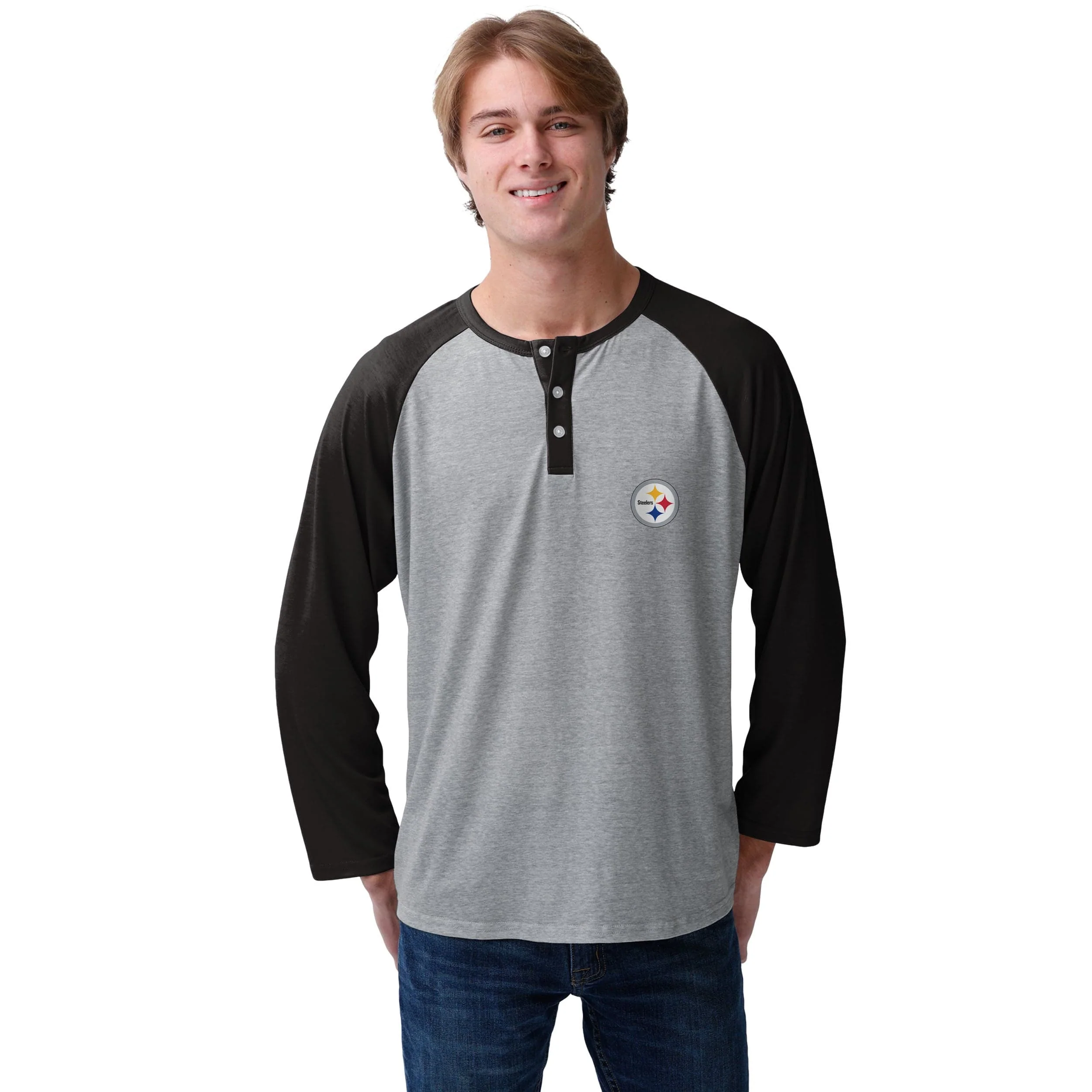 Pittsburgh Steelers NFL Mens Team Logo Gray Long Sleeve Henley - Image 2