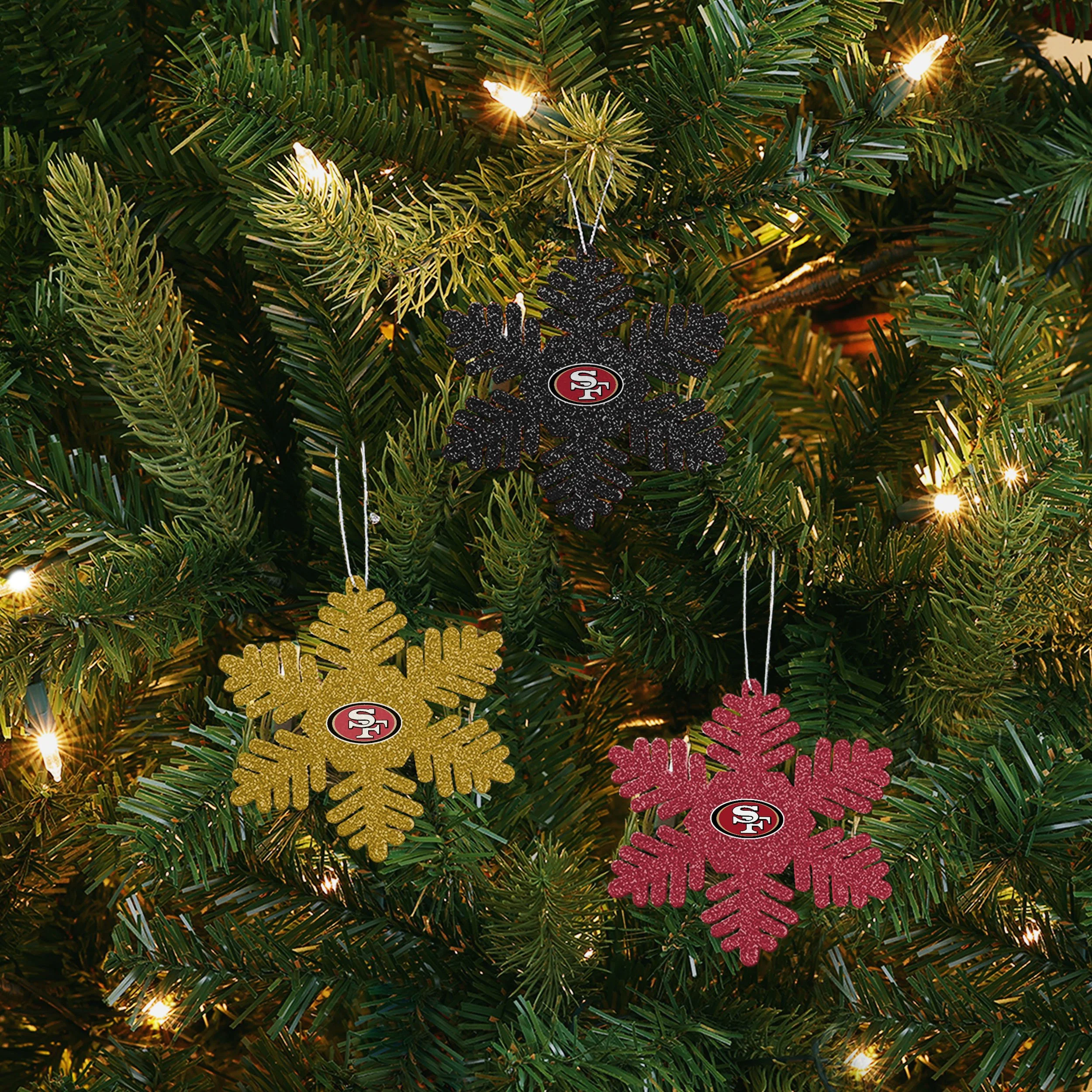 San Francisco 49ers NFL 3 Pack Metal Glitter Snowflake Ornament - Image 2