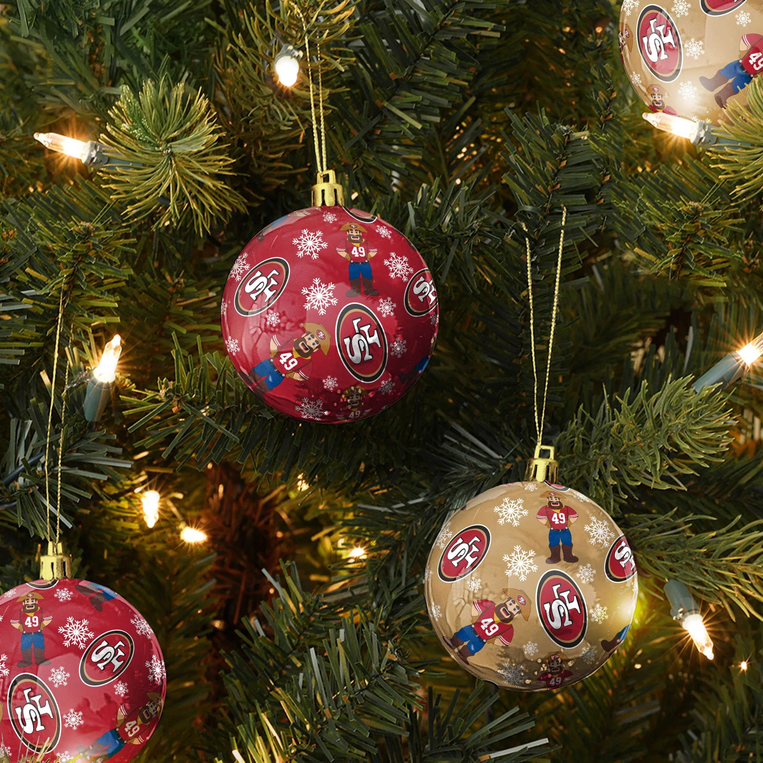 San Francisco 49ers NFL 4 Pack Ball Mascot Ornament Set - Image 2