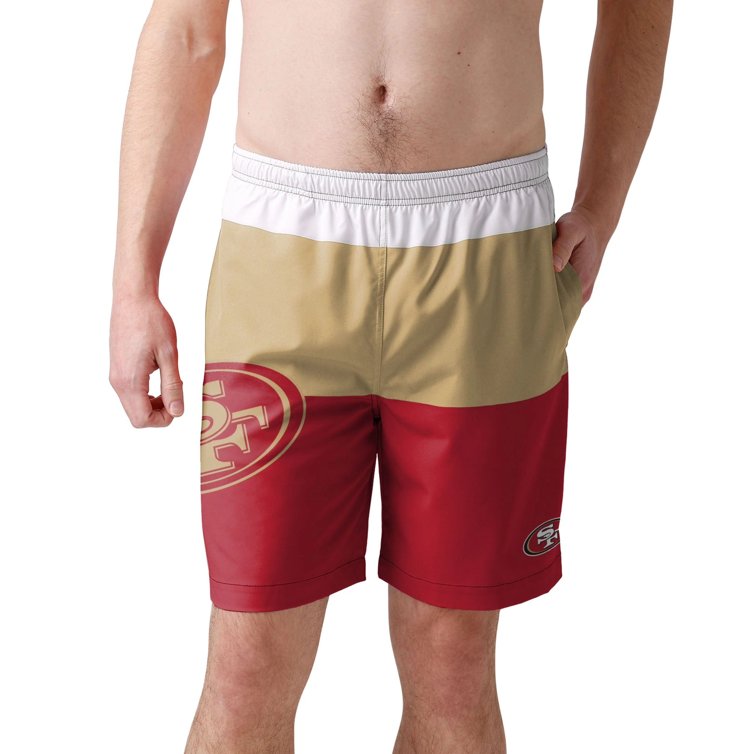 San Francisco 49ers NFL Mens 3 Stripe Big Logo Swimming Trunks - Image 2