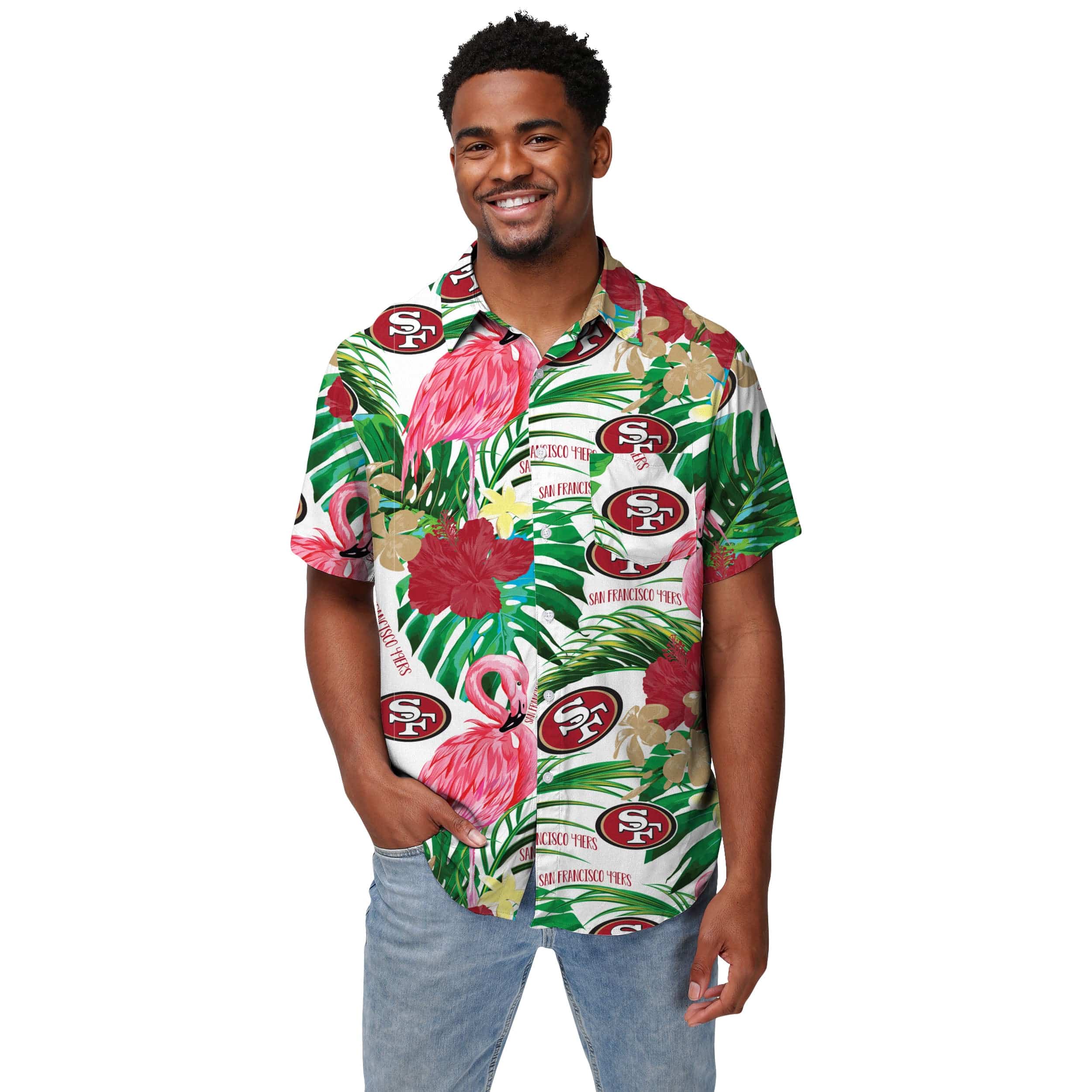 San Francisco 49ers NFL Mens Flamingo Button Up Shirt - Image 2