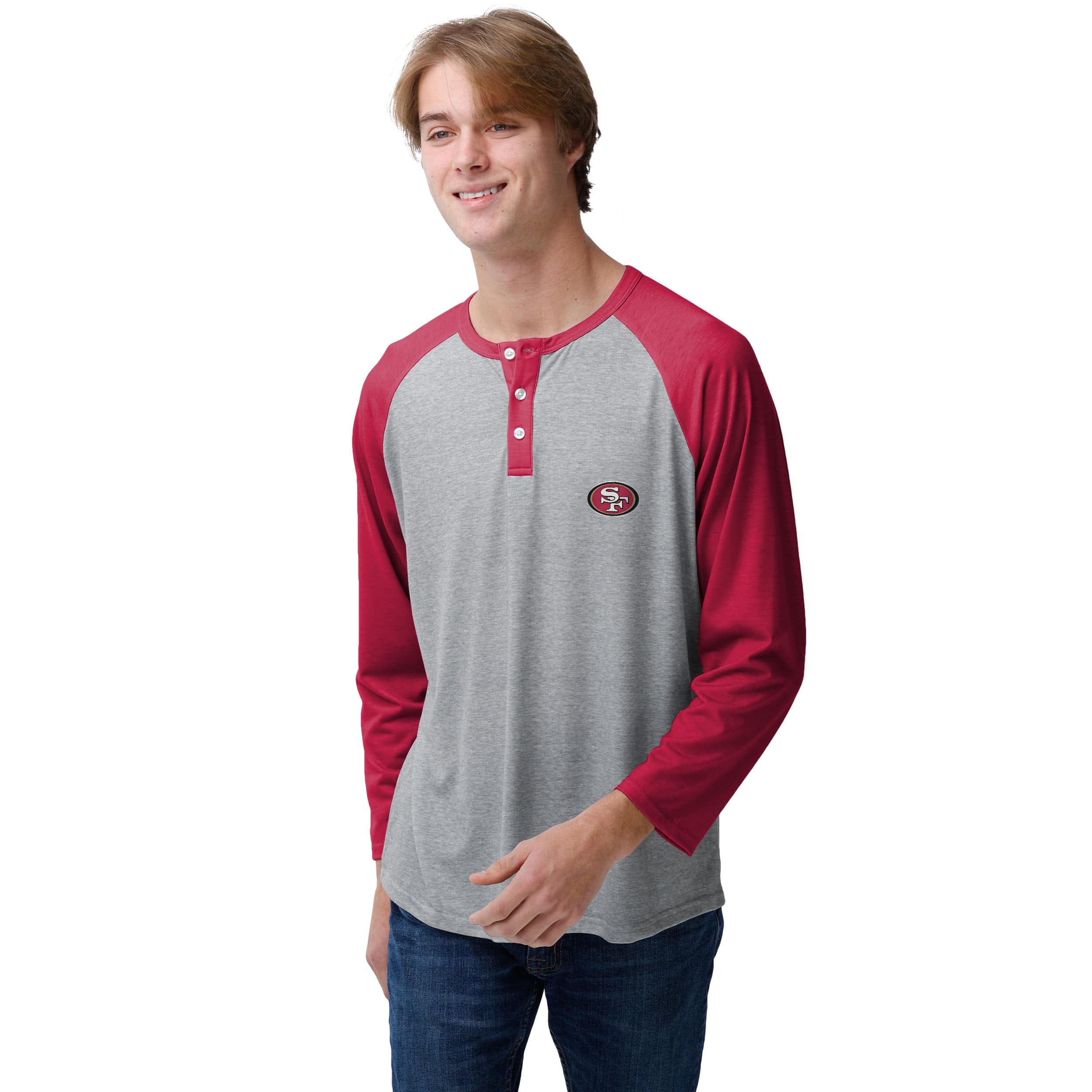 San Francisco 49ers NFL Mens Team Logo Gray Long Sleeve Henley - Image 2