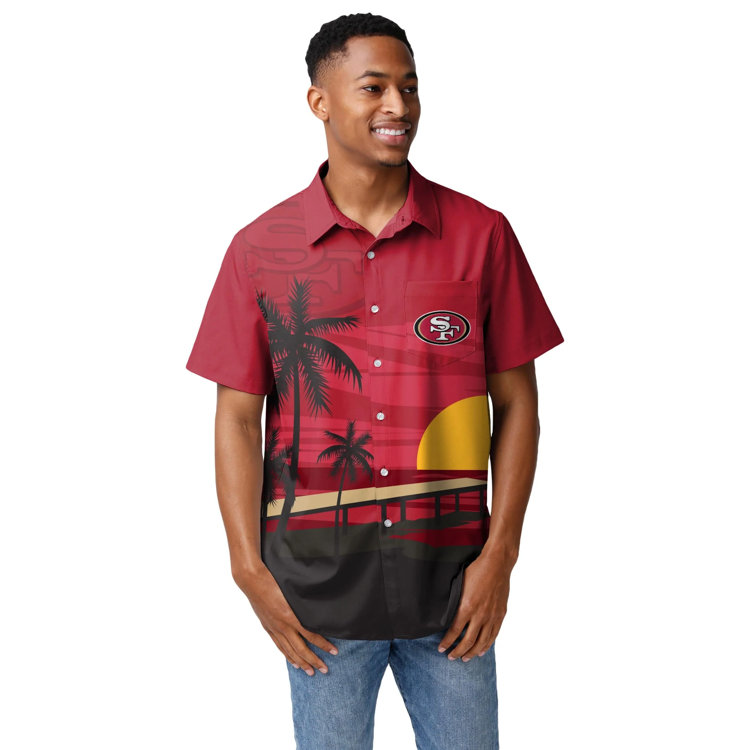 San Francisco 49ers NFL Mens Tropical Sunset Button Up Shirt - Image 2