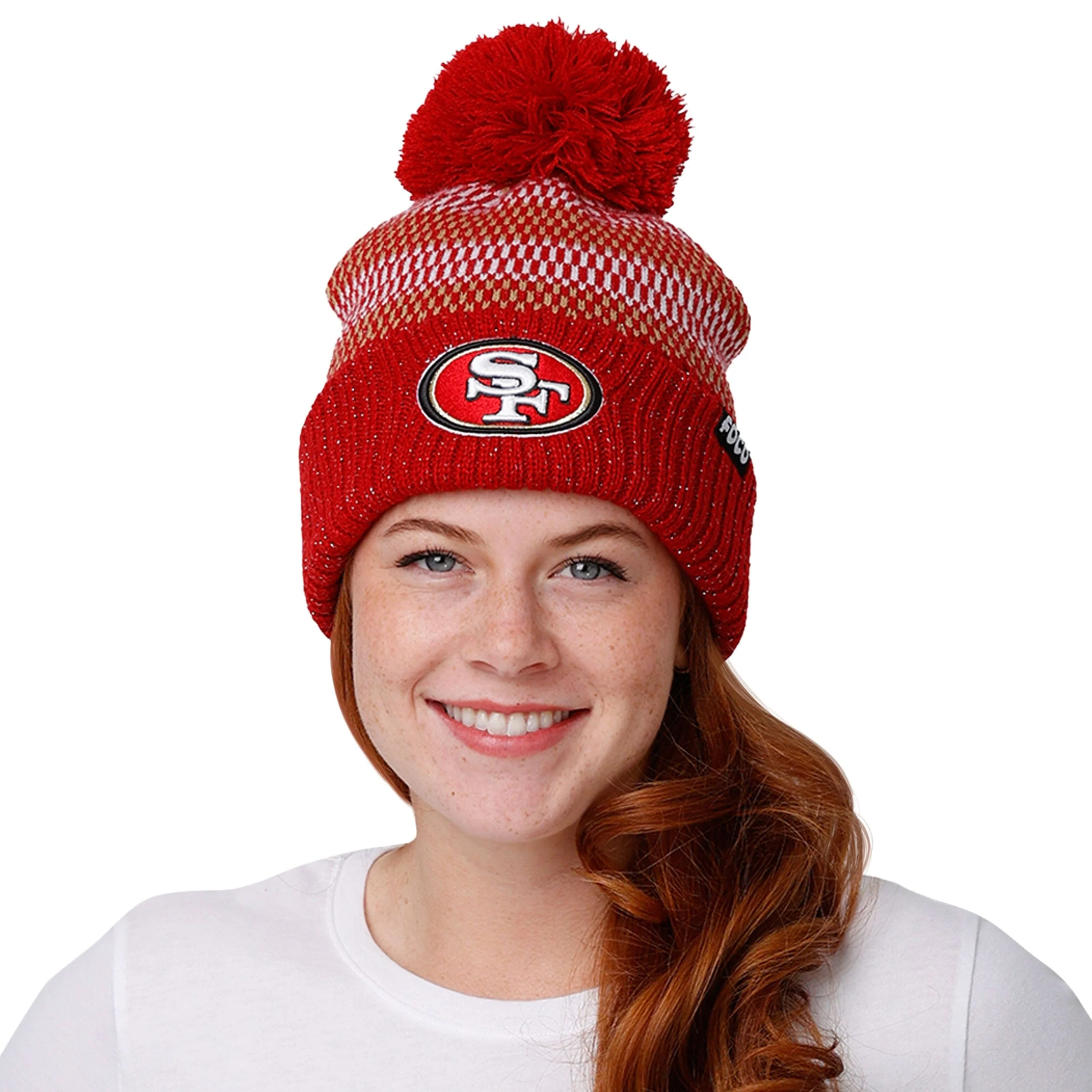 San Francisco 49ers NFL Womens Cozy Knit Metallic Thread Pom Beanie - Image 3