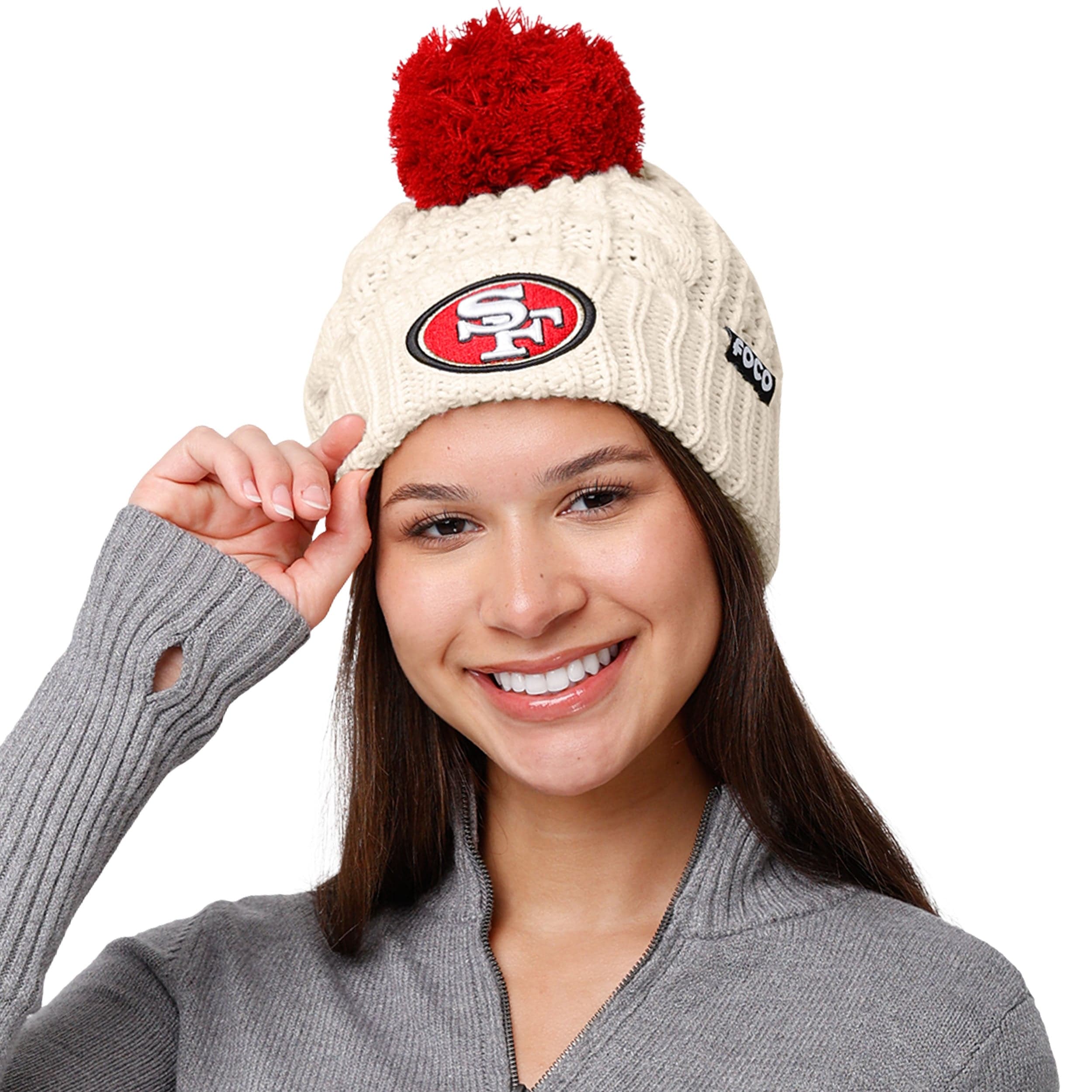 San Francisco 49ers NFL Womens Primary Logo White Cable Knit Pom Beanie - Image 3