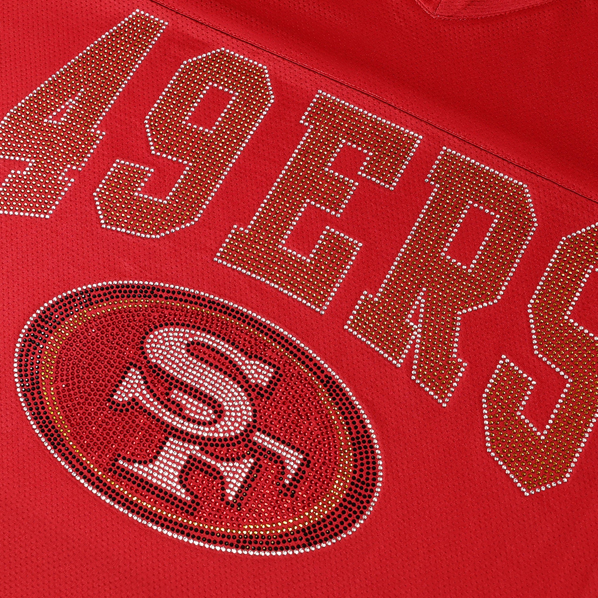 San Francisco 49ers NFL Womens Rhinestone Logo Oversized V-Neck Mesh T-Shirt - Image 2