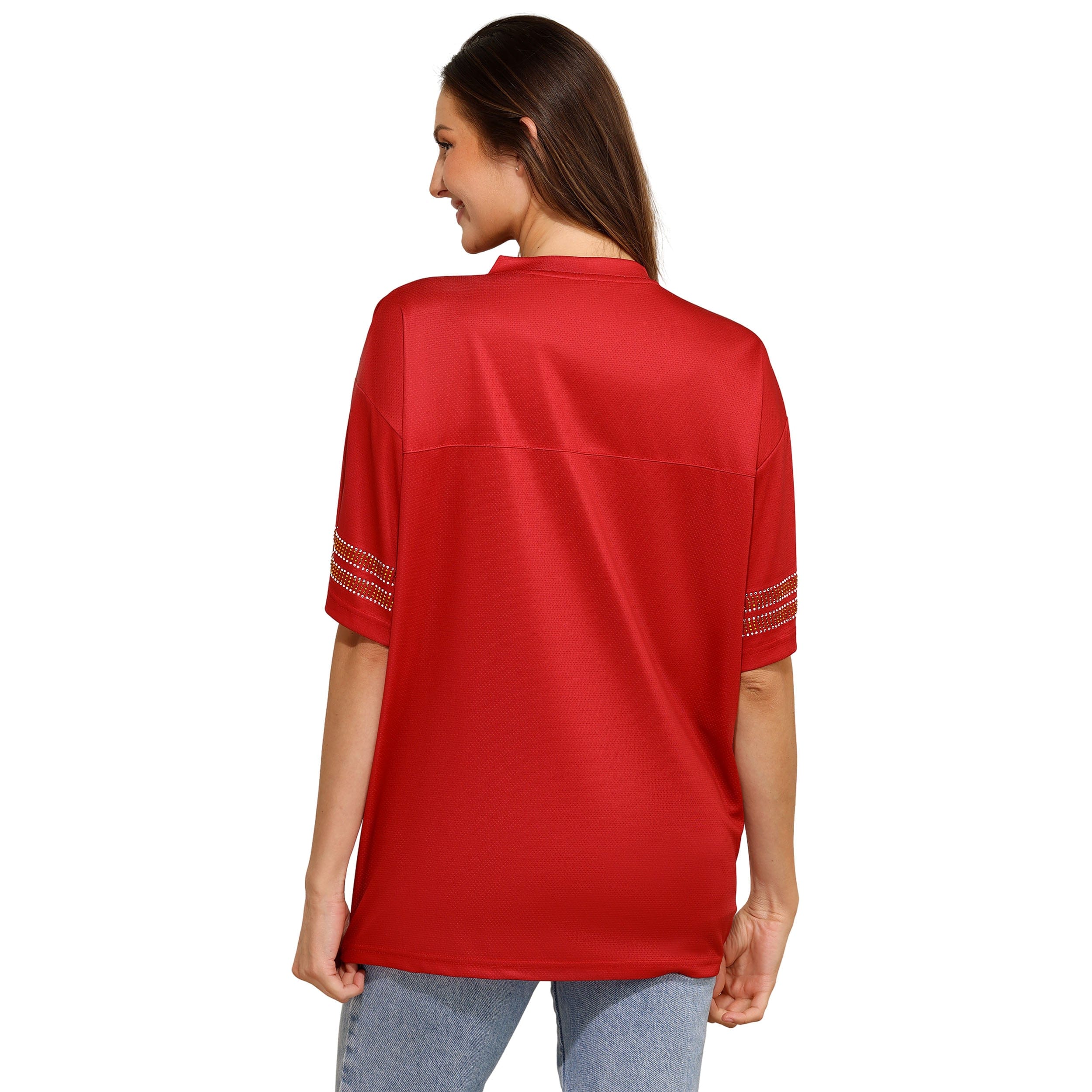 San Francisco 49ers NFL Womens Rhinestone Logo Oversized V-Neck Mesh T-Shirt - Image 3