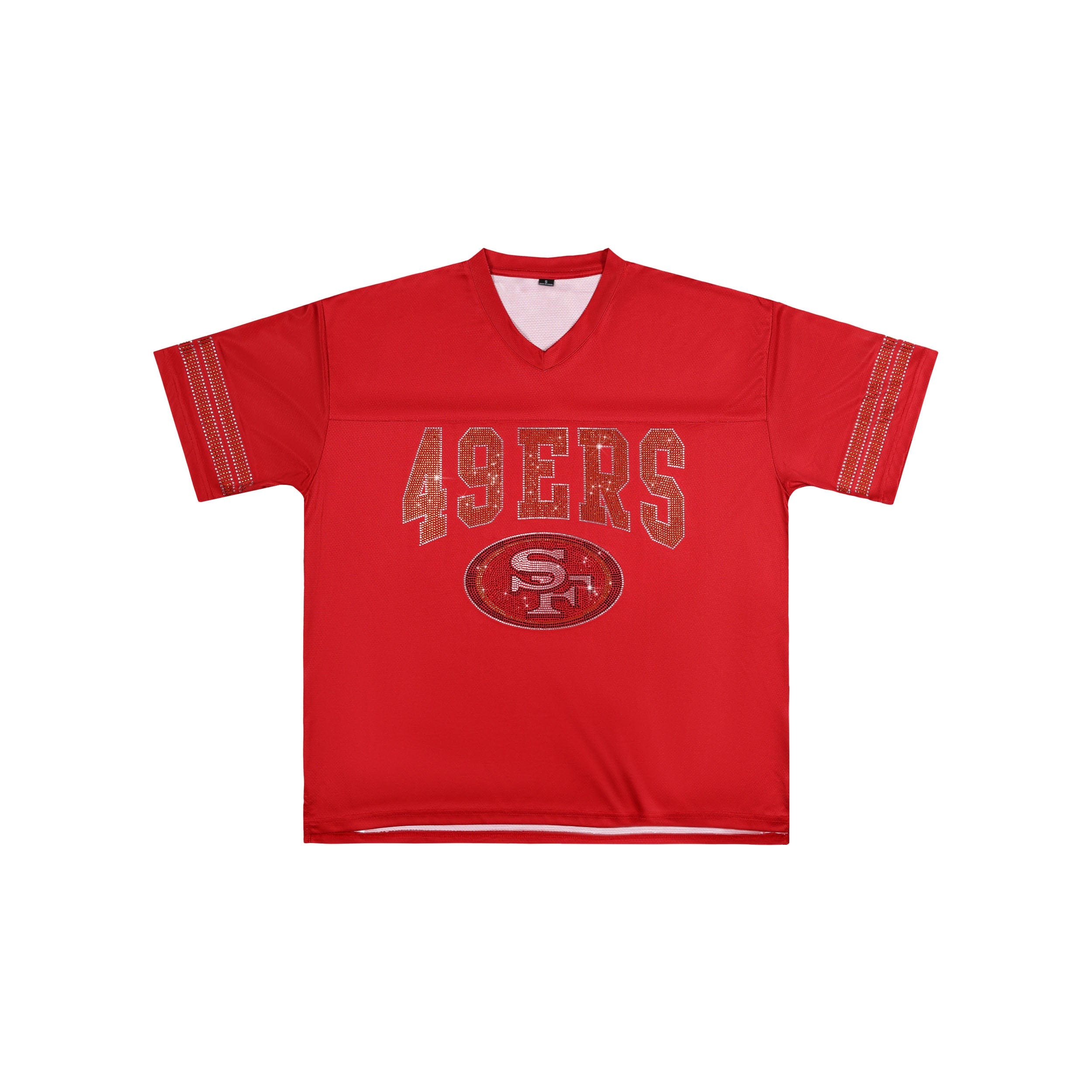 San Francisco 49ers NFL Womens Rhinestone Logo Oversized V-Neck Mesh T-Shirt - Image 4