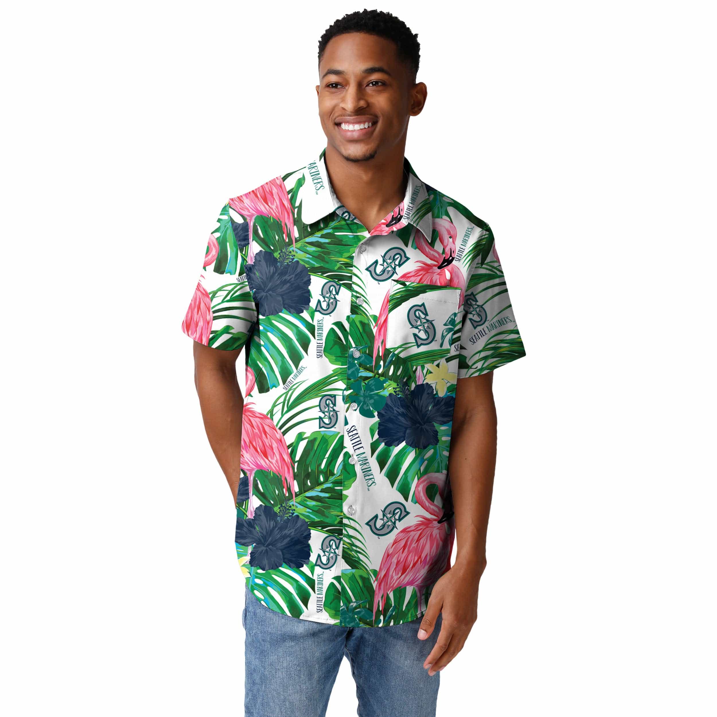 Seattle Mariners MLB Mens Flamingo Button Up Shirt - Image 2