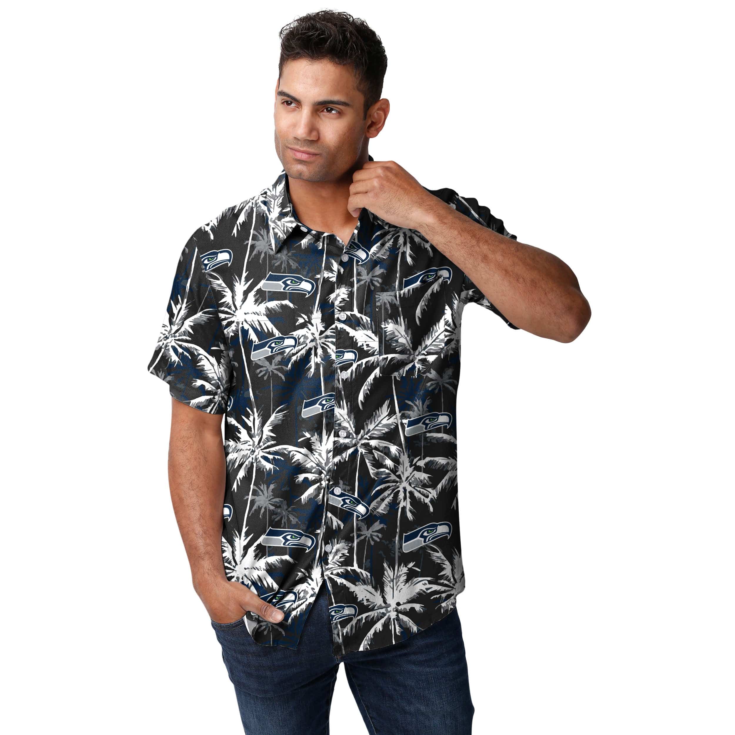 Seattle Seahawks NFL Mens Black Floral Button Up Shirt - Image 2