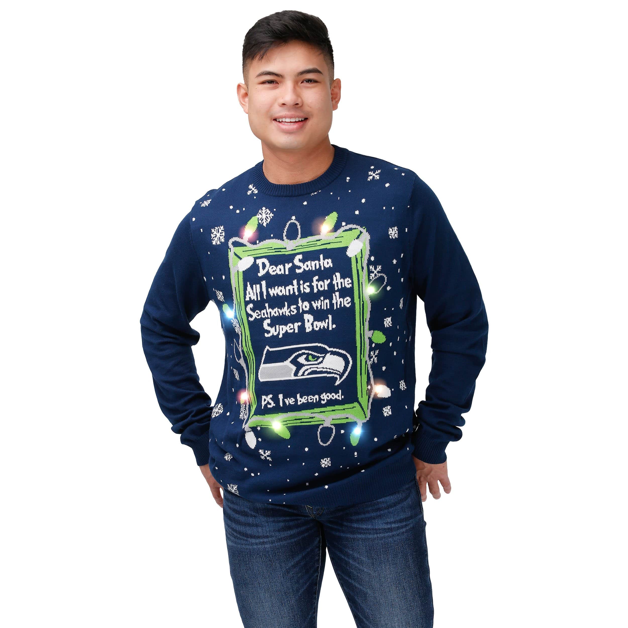 Seattle Seahawks NFL Mens Dear Santa Light Up Sweater - Image 2