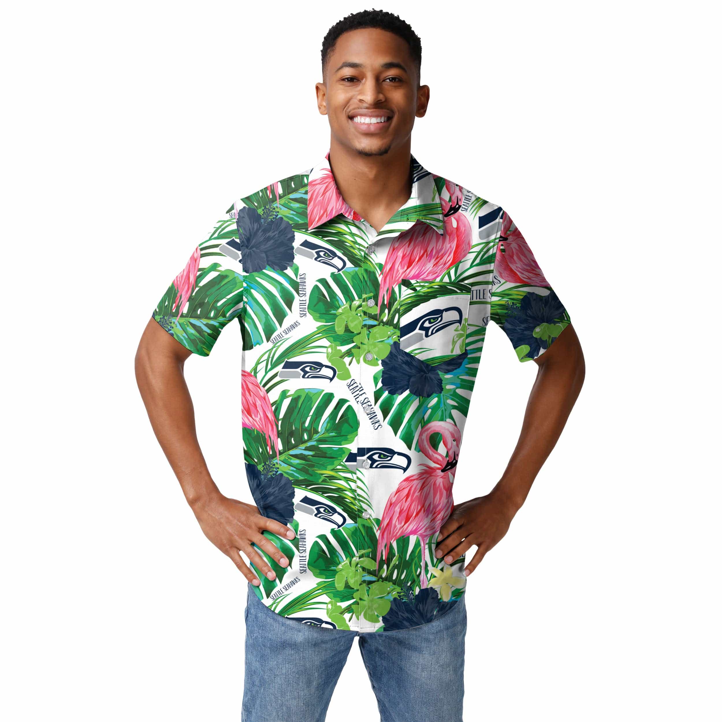 Seattle Seahawks NFL Mens Flamingo Button Up Shirt - Image 2