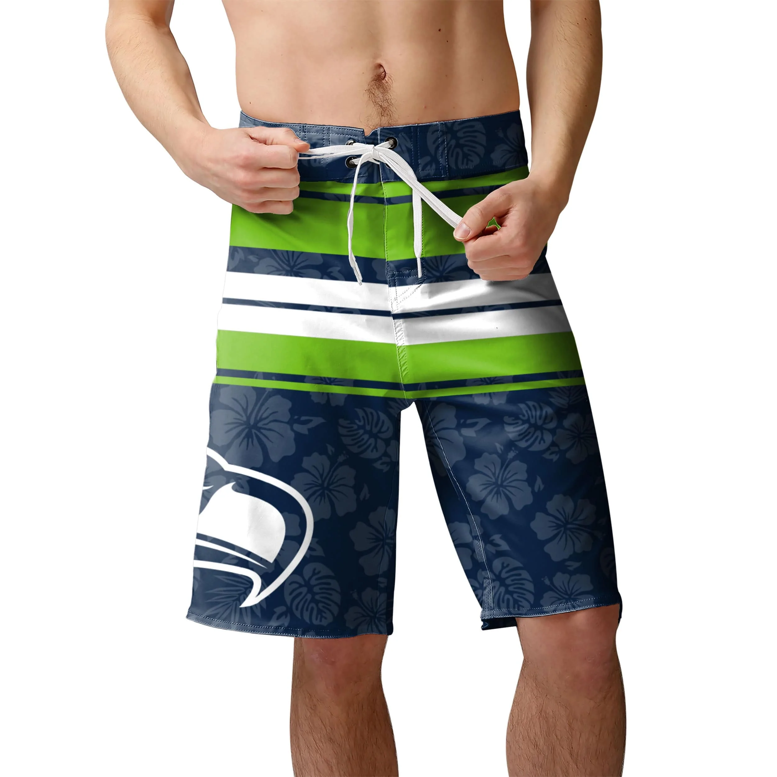 Seattle Seahawks NFL Mens Hibiscus Boardwalk Stripe Boardshorts - Image 2