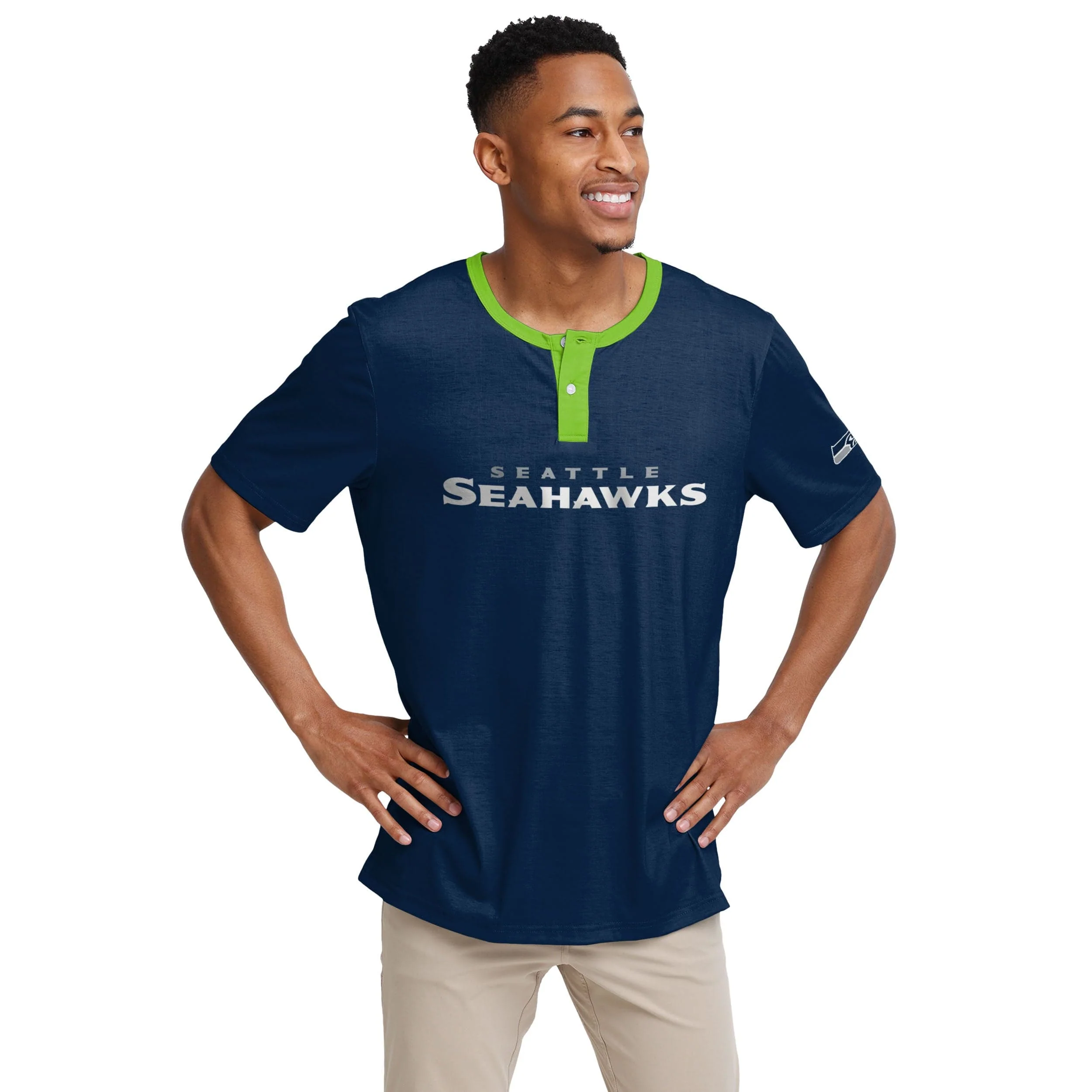 Seattle Seahawks NFL Mens Solid Wordmark Short Sleeve Henley - Image 2