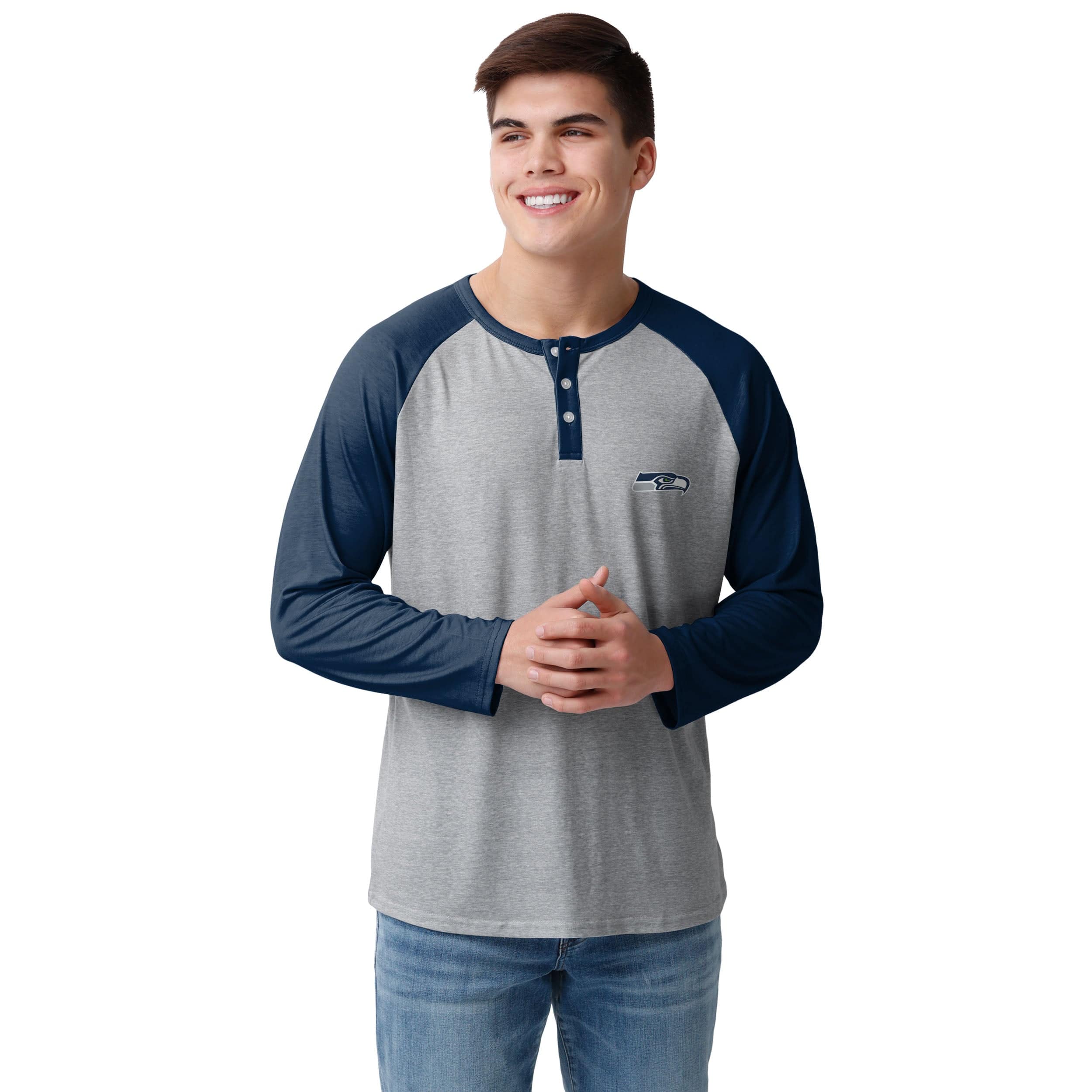 Seattle Seahawks NFL Mens Team Logo Gray Long Sleeve Henley - Image 2