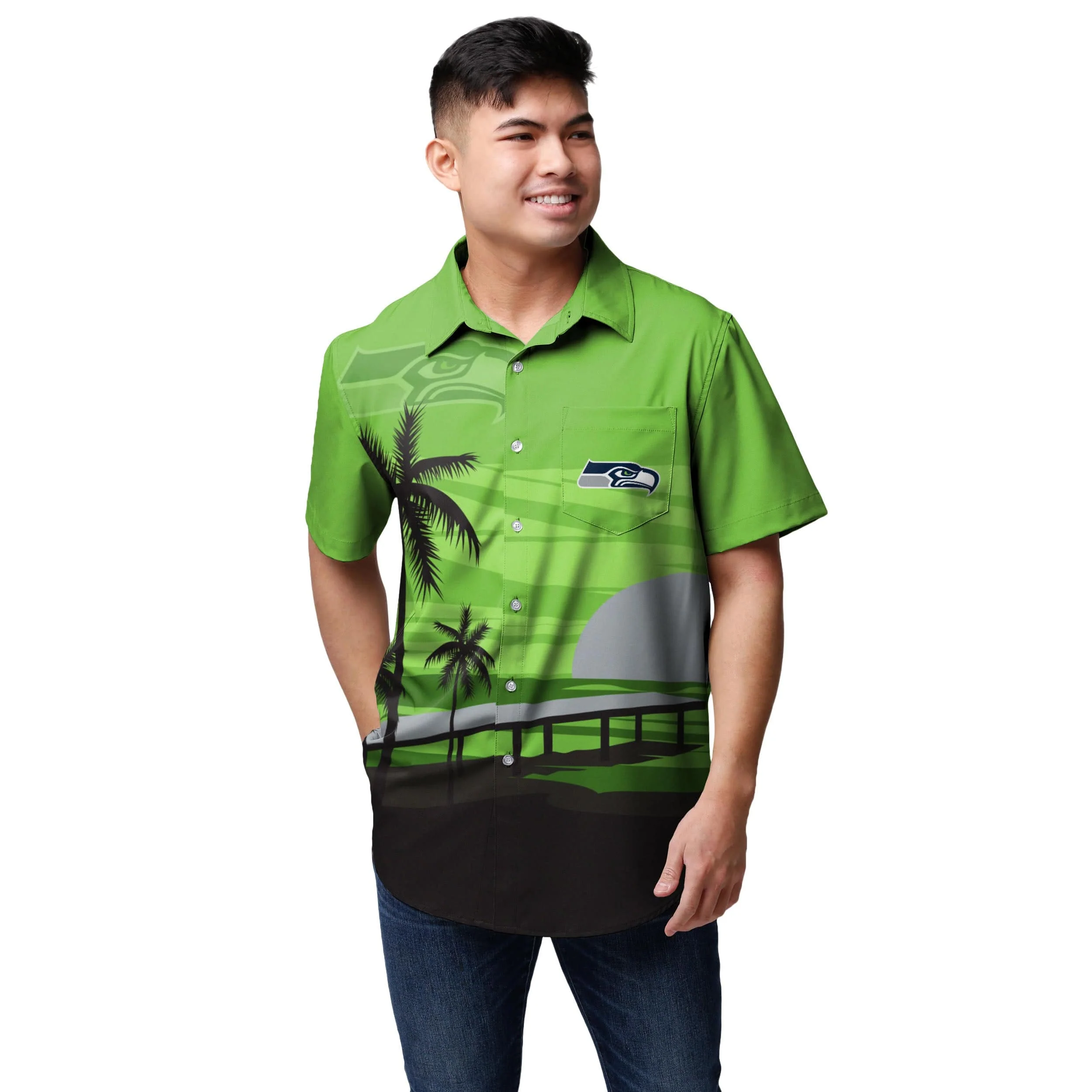 Seattle Seahawks NFL Mens Tropical Sunset Button Up Shirt - Image 2