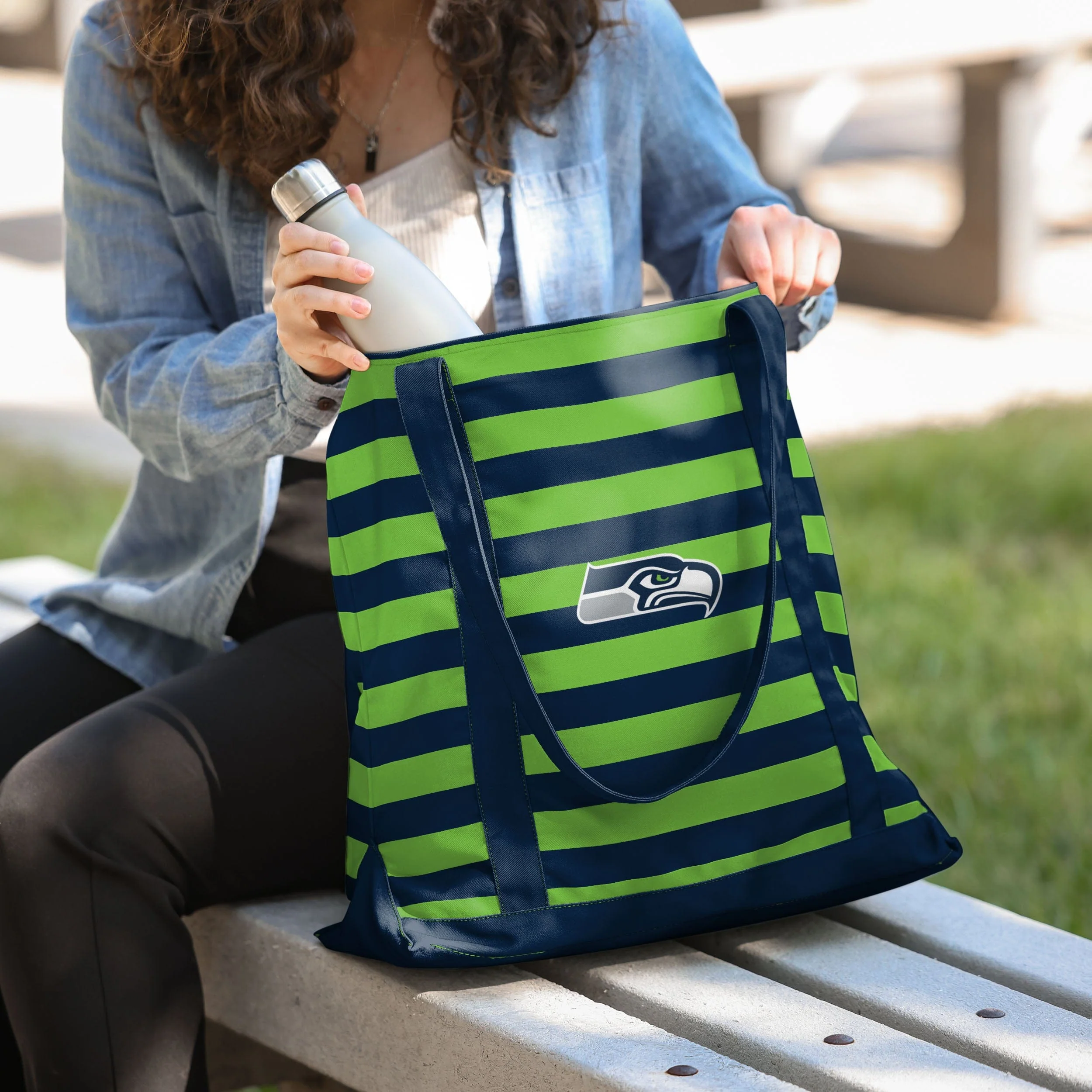 Seattle Seahawks NFL Team Stripe Canvas Tote Bag - Image 3
