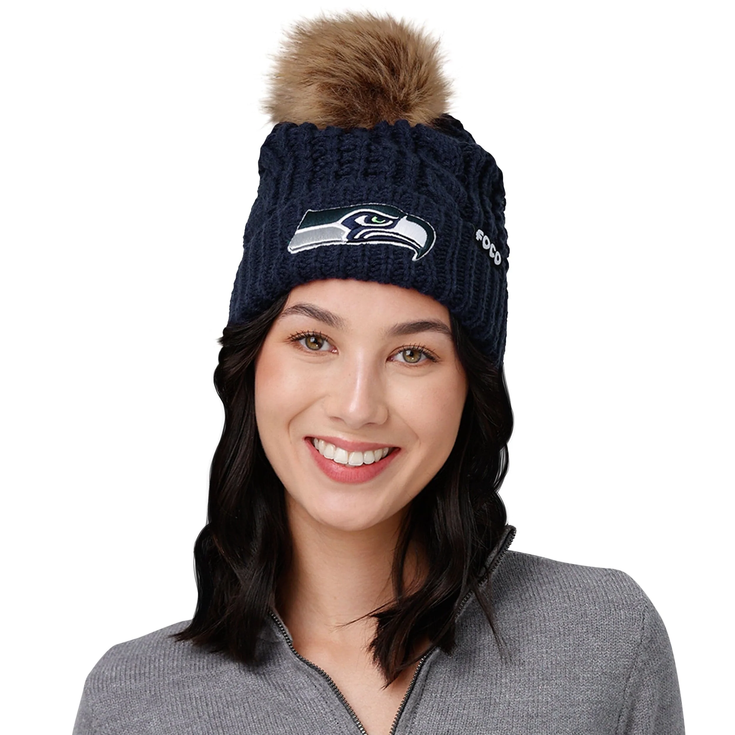 Seattle Seahawks NFL Womens Faux Fur Pom Beanie - Image 3