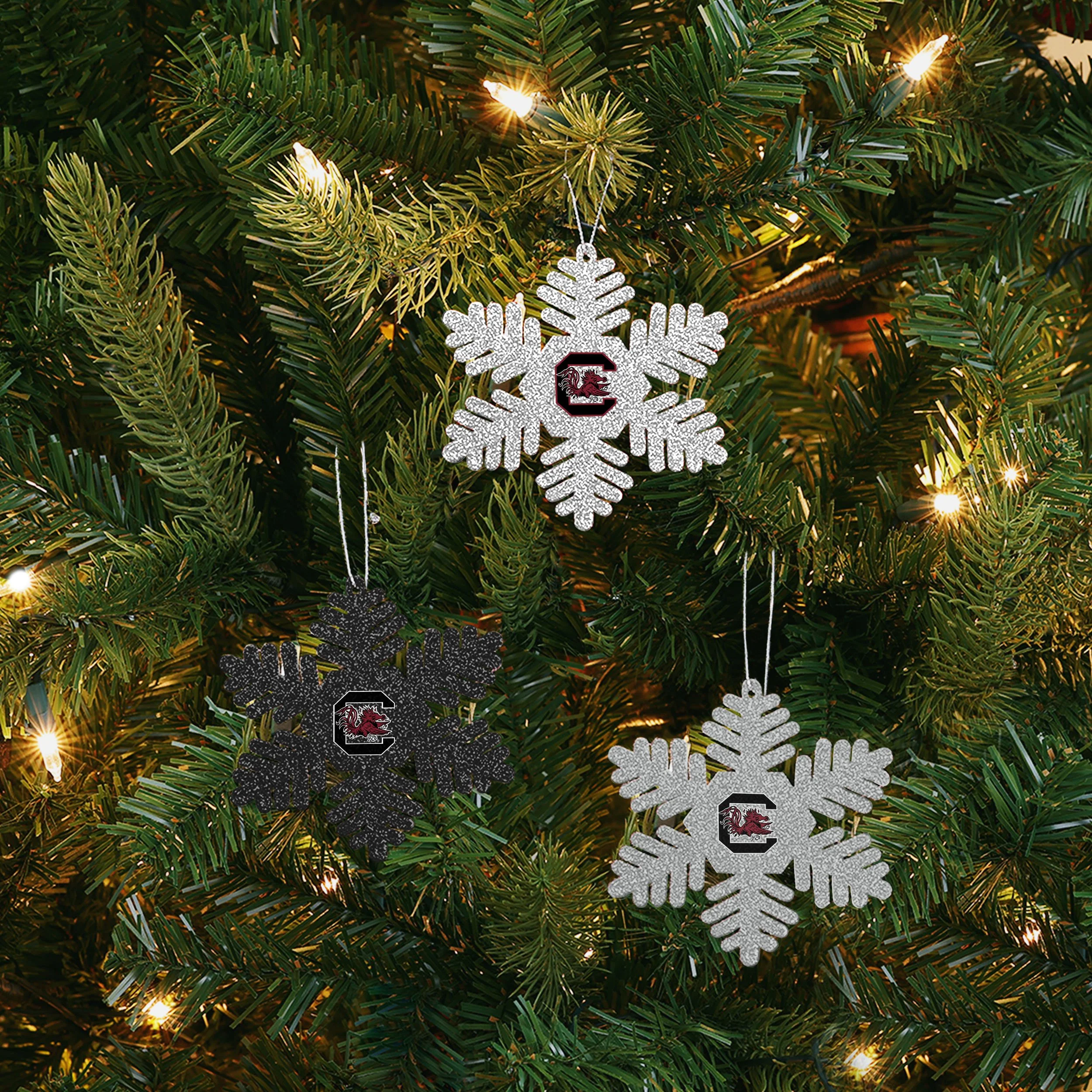 South Carolina Gamecocks NCAA 3 Pack Metal Glitter Snowflake Ornament - Image 2