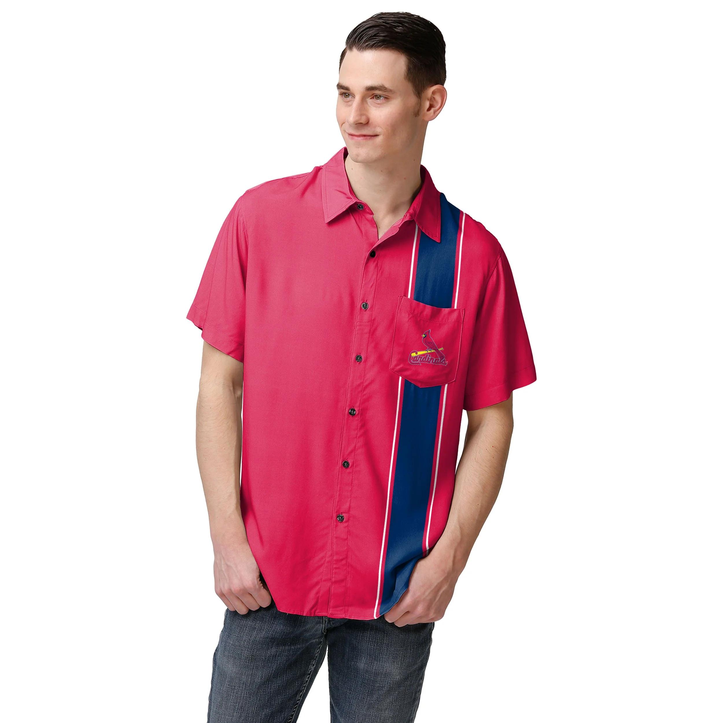 St Louis Cardinals MLB Mens Bowling Stripe Button Up Shirt - Image 2