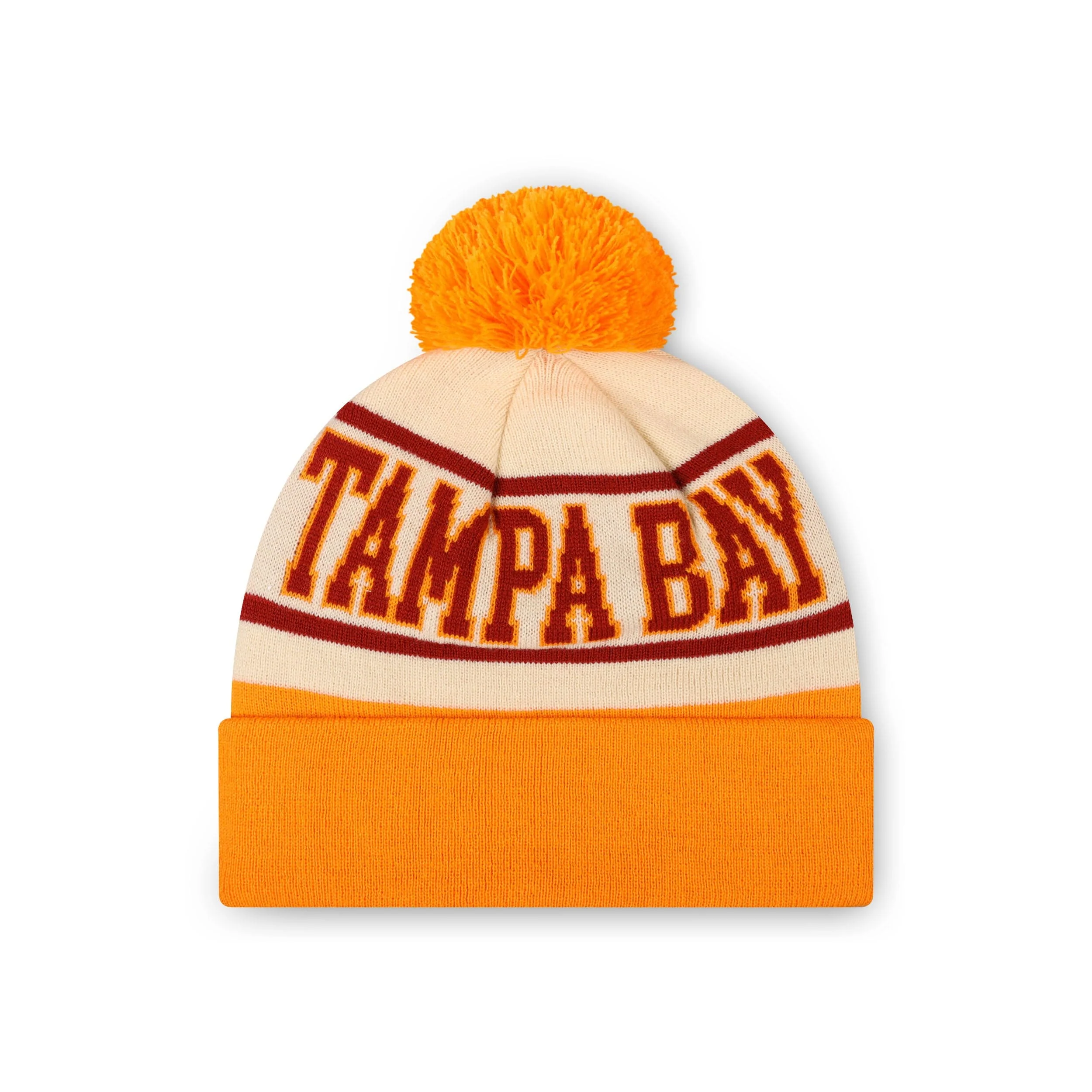 Tampa Bay Buccaneers NFL Cream Heritage Stripe Retro Logo Pom Beanie - Image 2