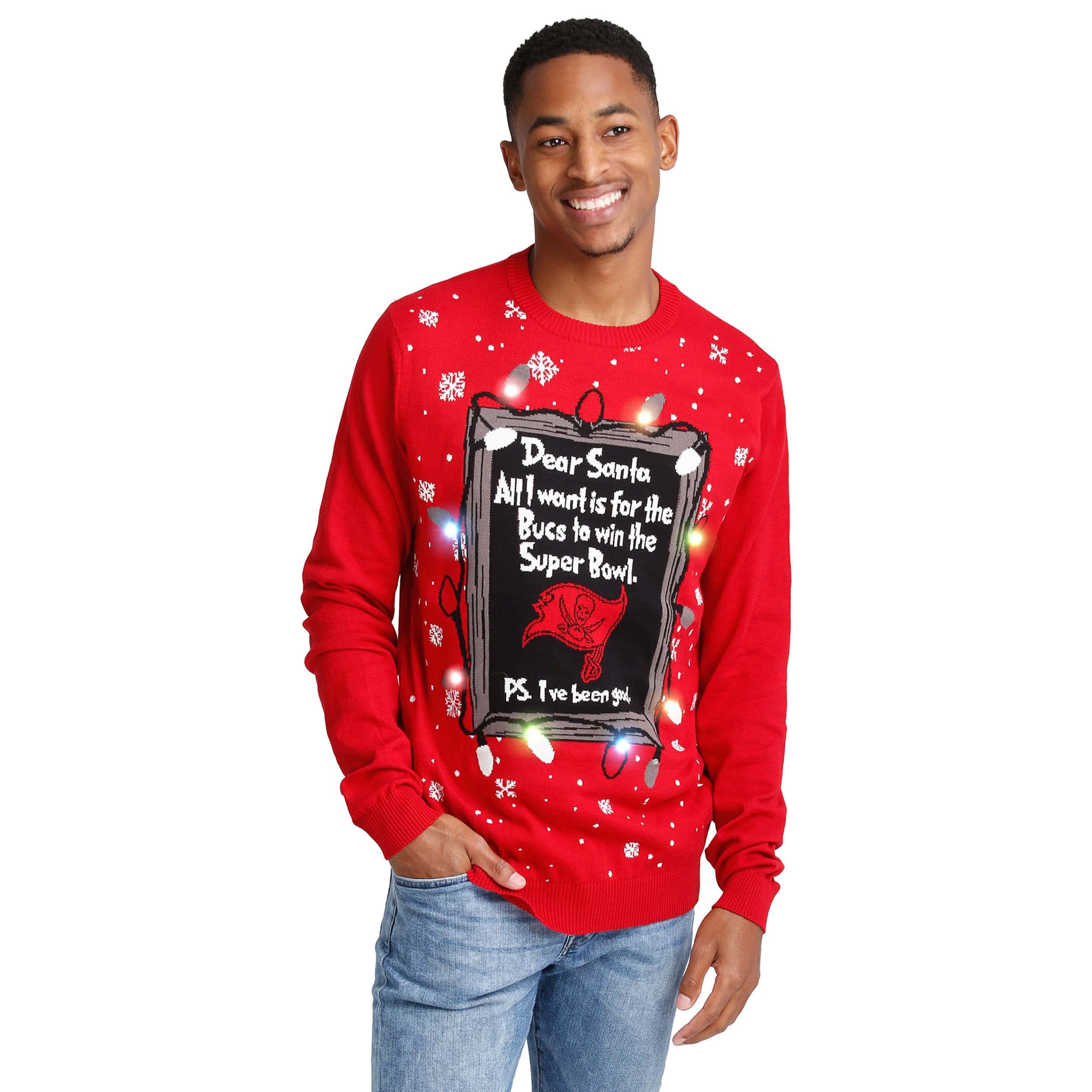 Tampa Bay Buccaneers NFL Mens Dear Santa Light Up Sweater - Image 2