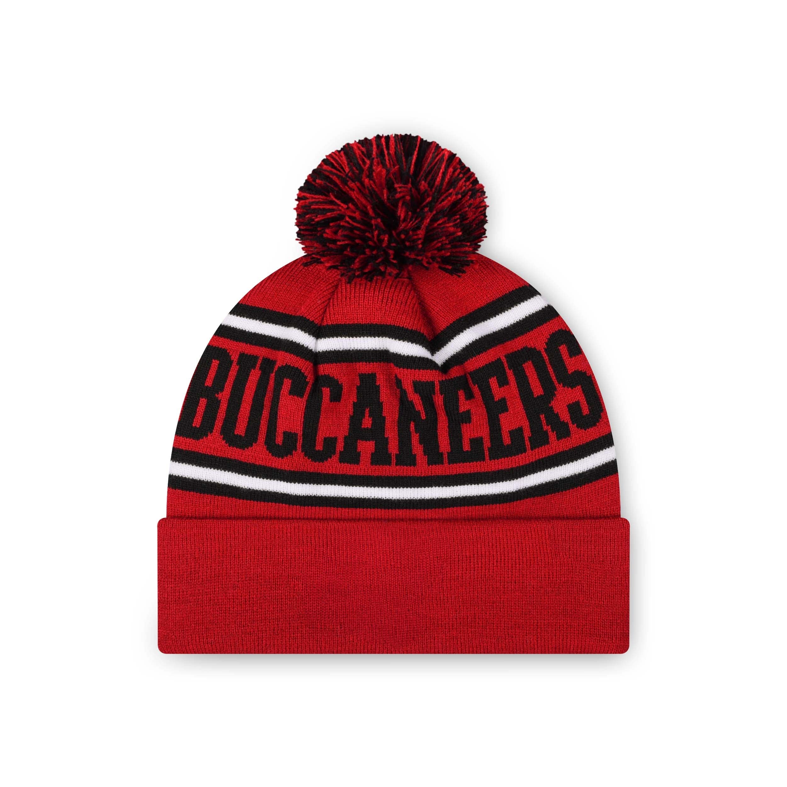 Tampa Bay Buccaneers NFL Red Primary Logo Stripe Pom Beanie - Image 2
