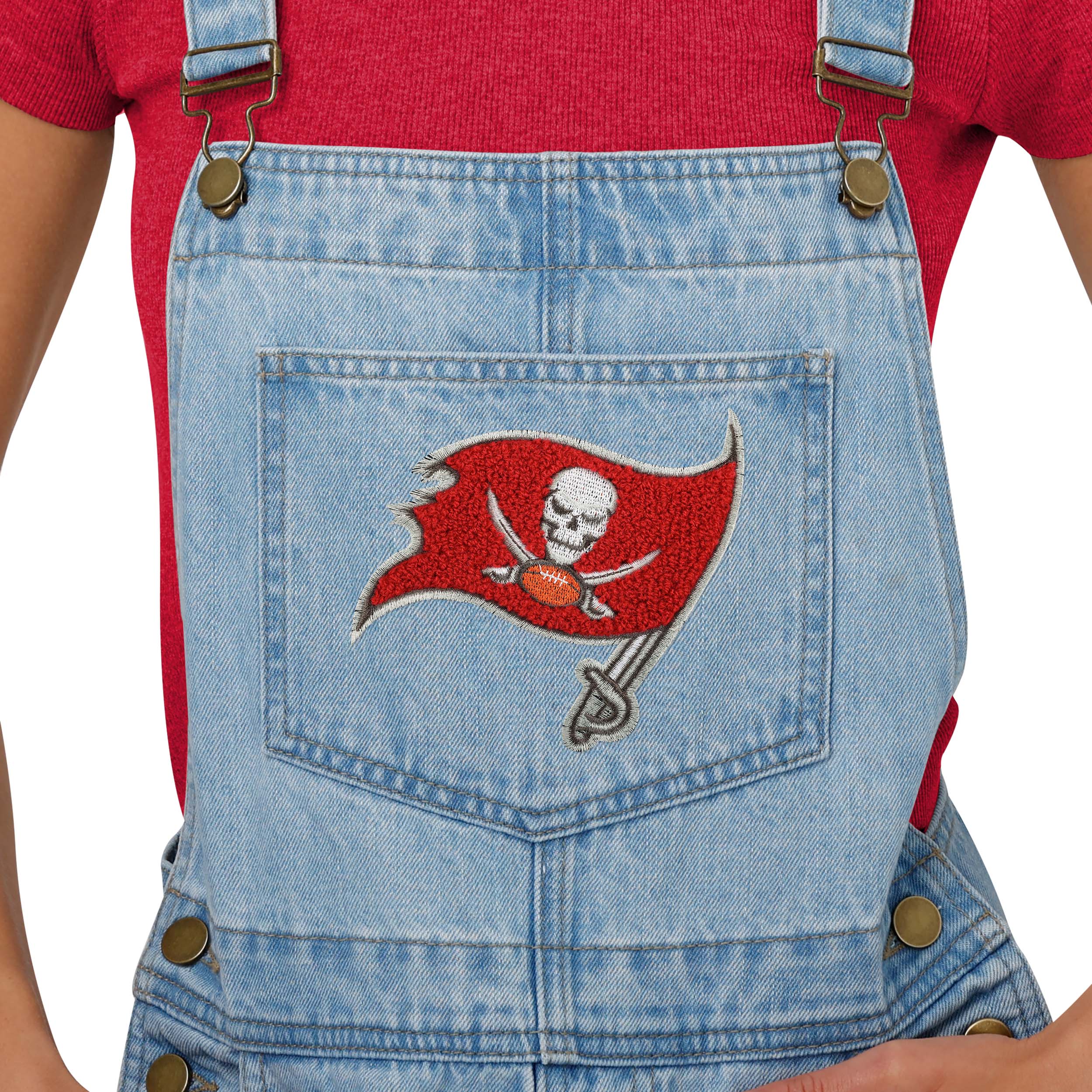 Tampa Bay Buccaneers NFL Womens Big Logo Denim Bib Shortalls - Image 3