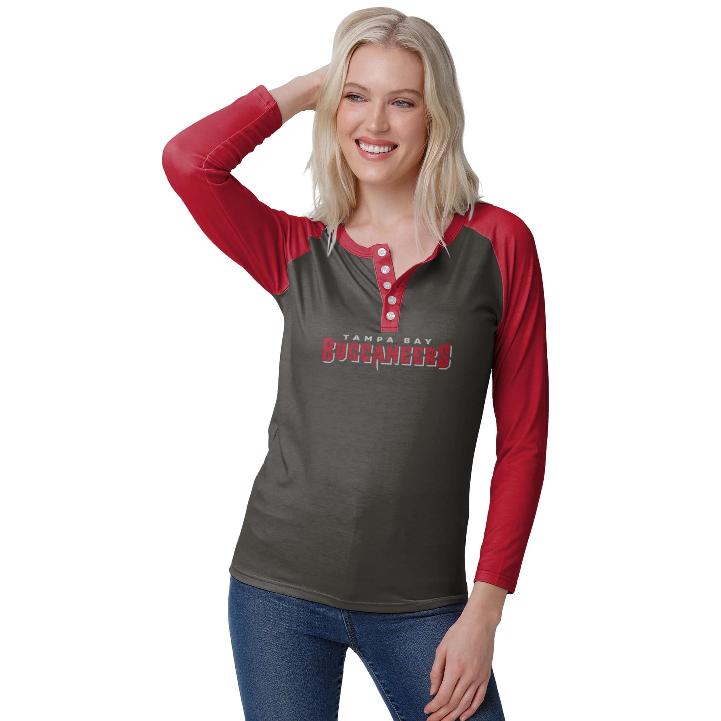 Tampa Bay Buccaneers NFL Womens Big Wordmark Long Sleeve Henley