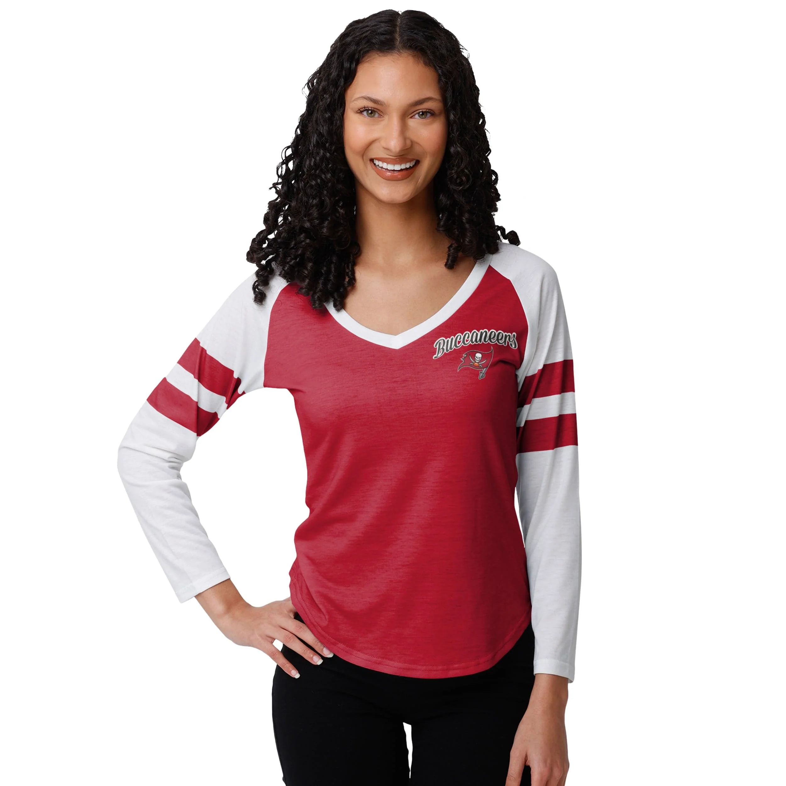 Tampa Bay Buccaneers NFL Womens Script Wordmark Striped Sleeve Raglan T-Shirt - Image 2