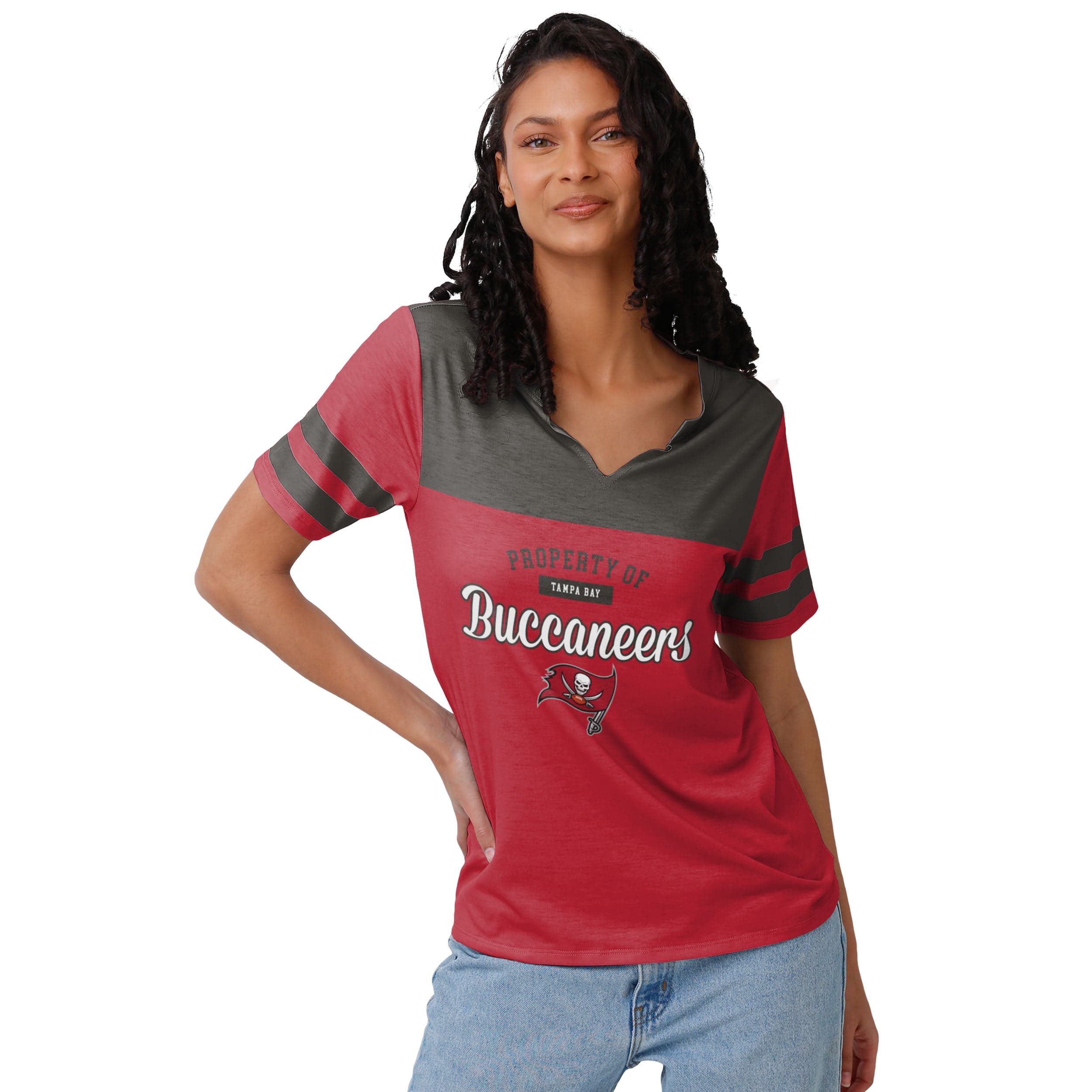 Tampa Bay Buccaneers NFL Womens Team Stripe Property Of V-Neck T-Shirt