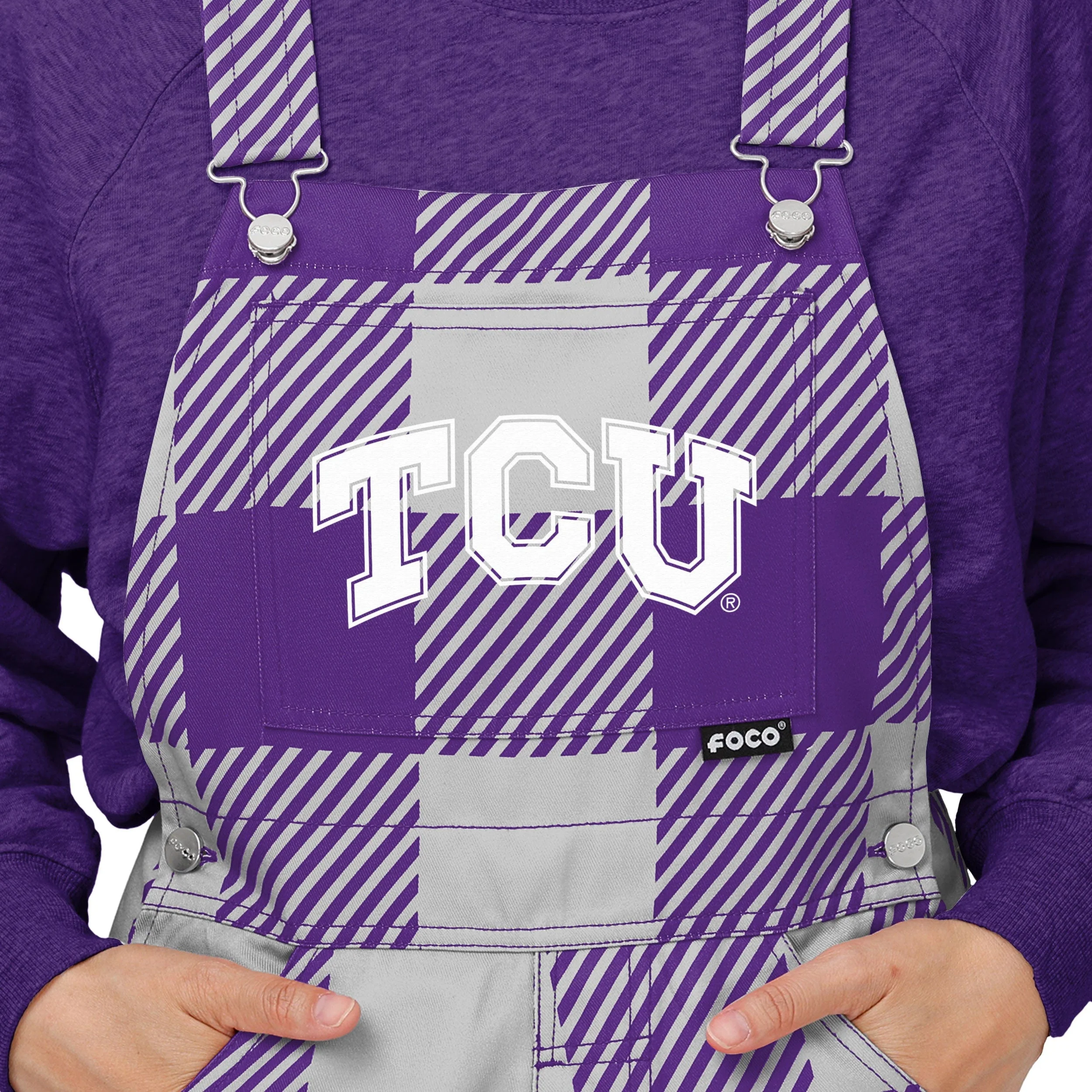 TCU Horned Frogs NCAA Womens Plaid Bib Overalls - Image 4