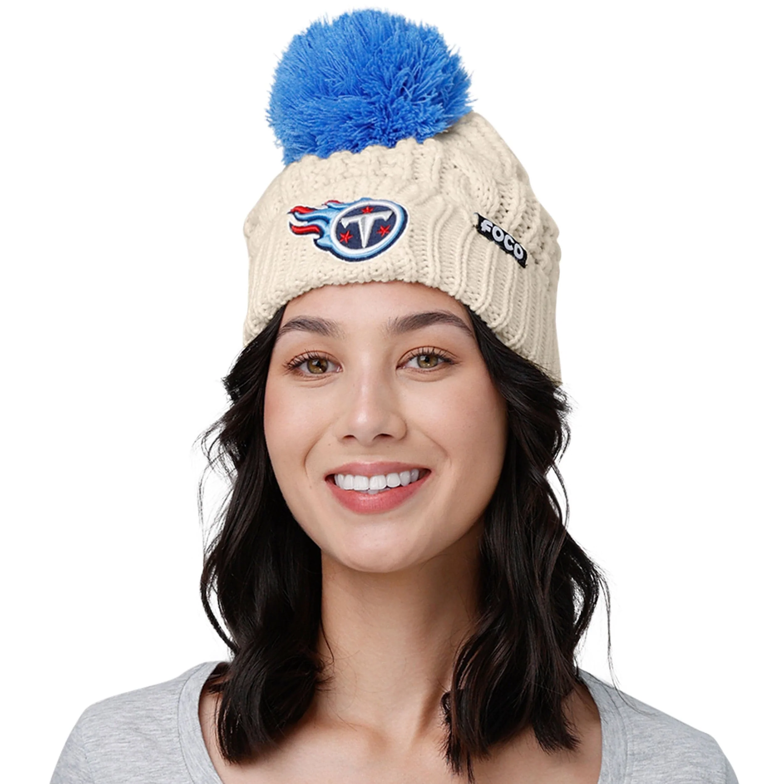 Tennessee Titans NFL Womens Primary Logo White Cable Knit Pom Beanie - Image 3