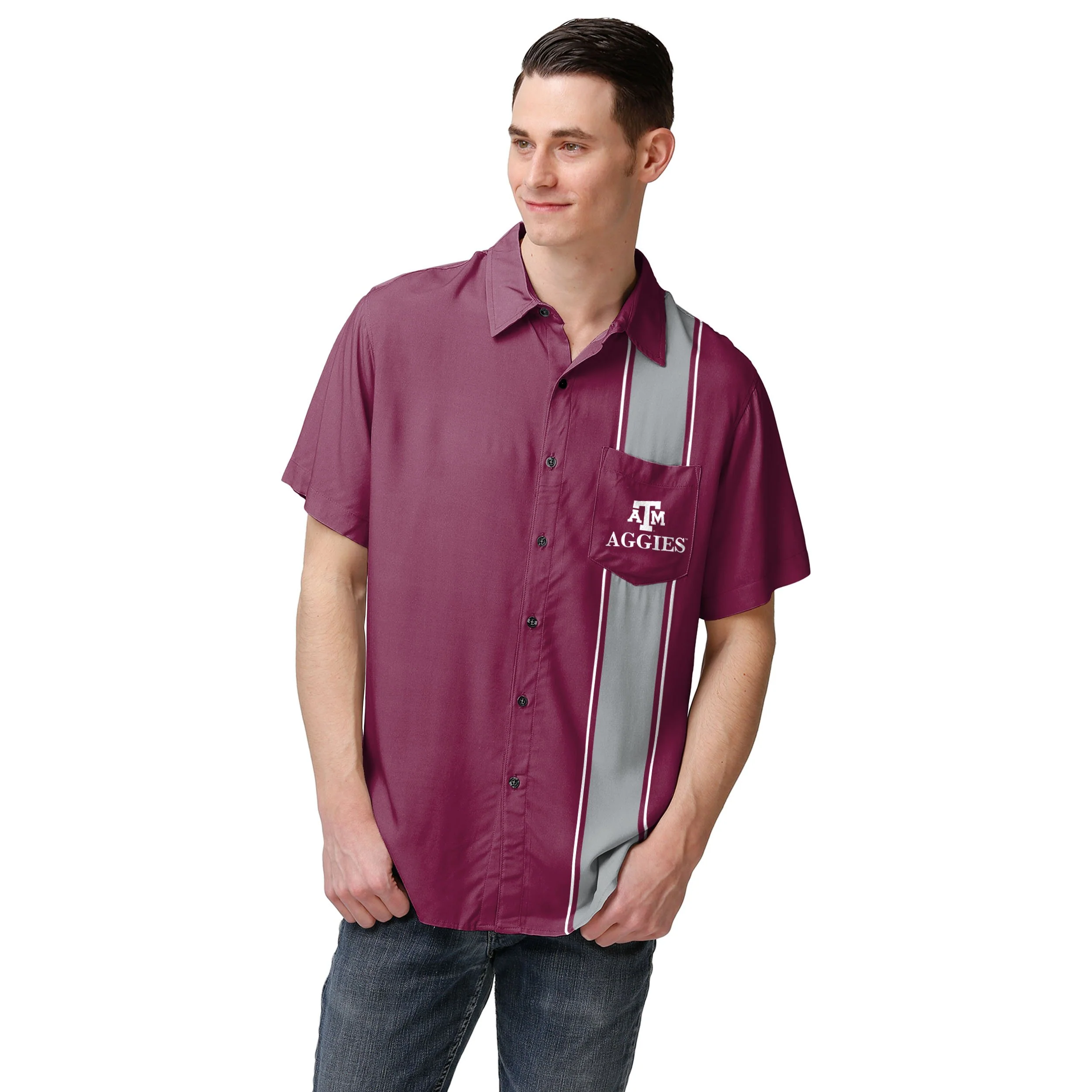Texas A&M Aggies NCAA Mens Bowling Stripe Button Up Shirt - Image 2