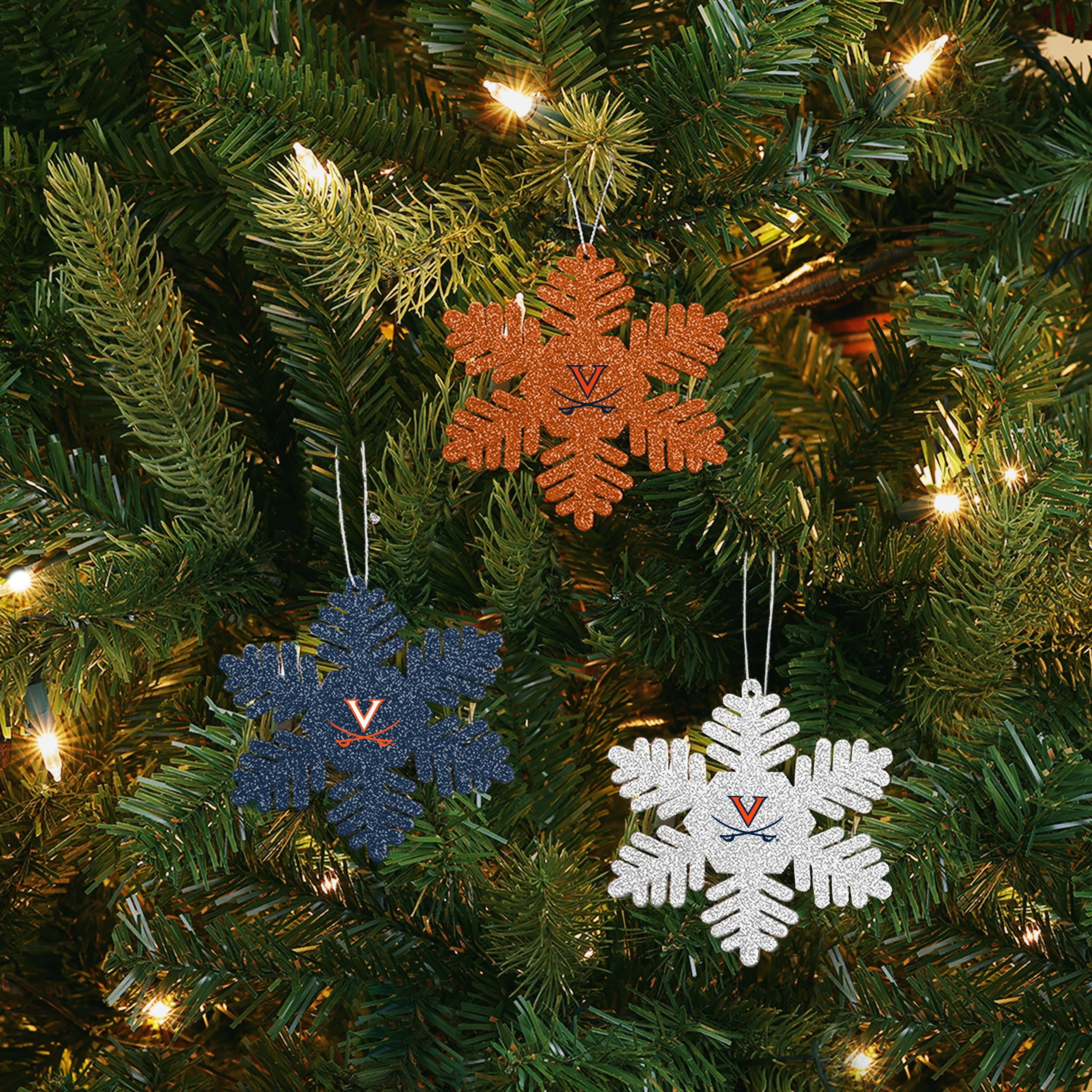 Virginia Cavaliers NCAA 3 Pack Metal Glitter Snowflake Ornament - Image 2