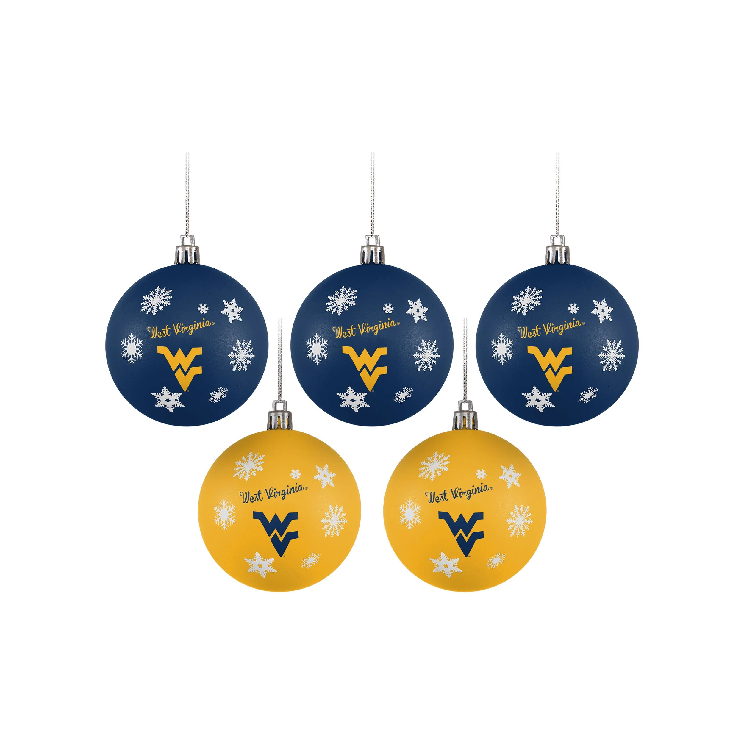 West Virginia Mountaineers NCAA 5 Pack Shatterproof Ball Ornament Set