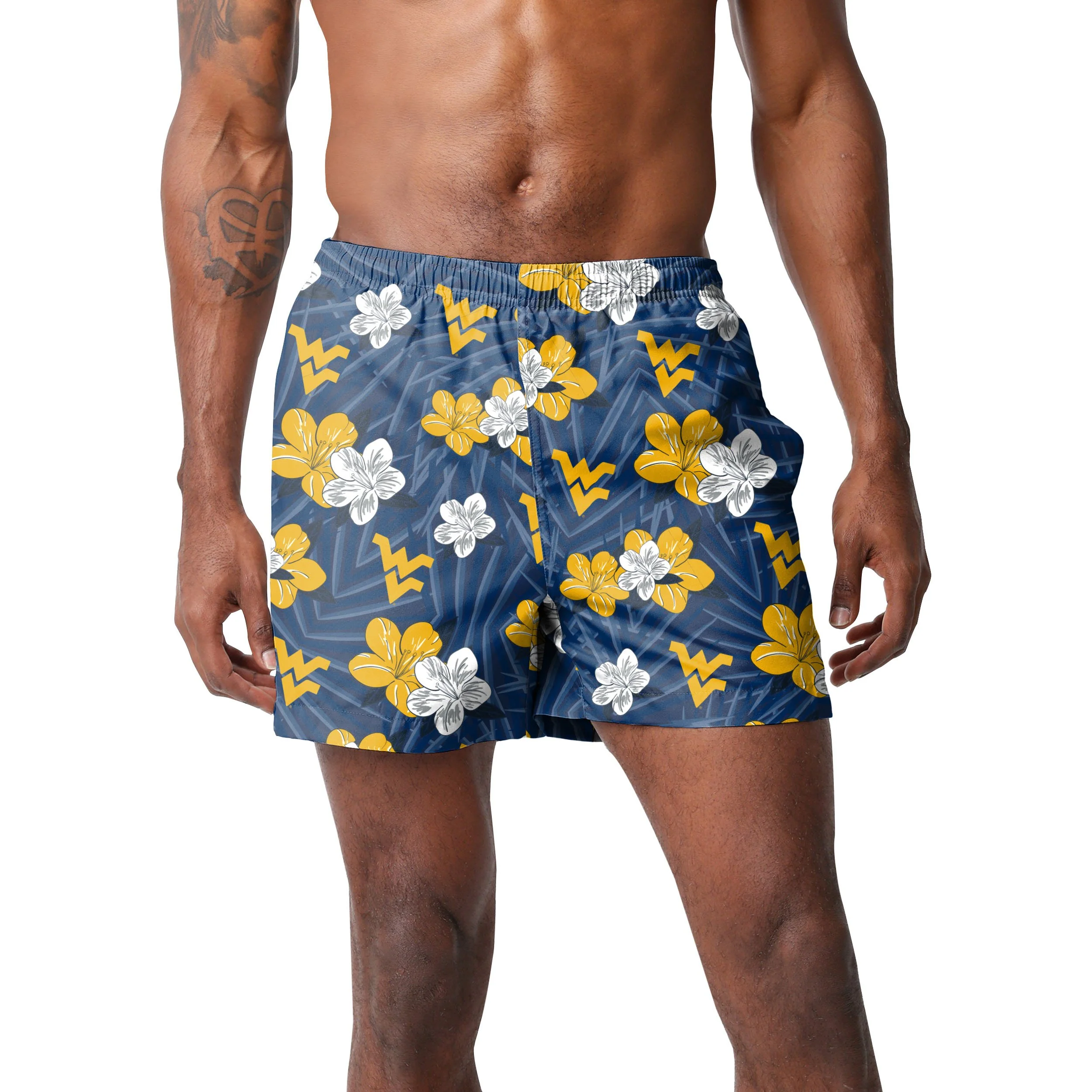 West Virginia Mountaineers NCAA Mens Hibiscus Slim Fit 5.5" Swimming Trunks - Image 3