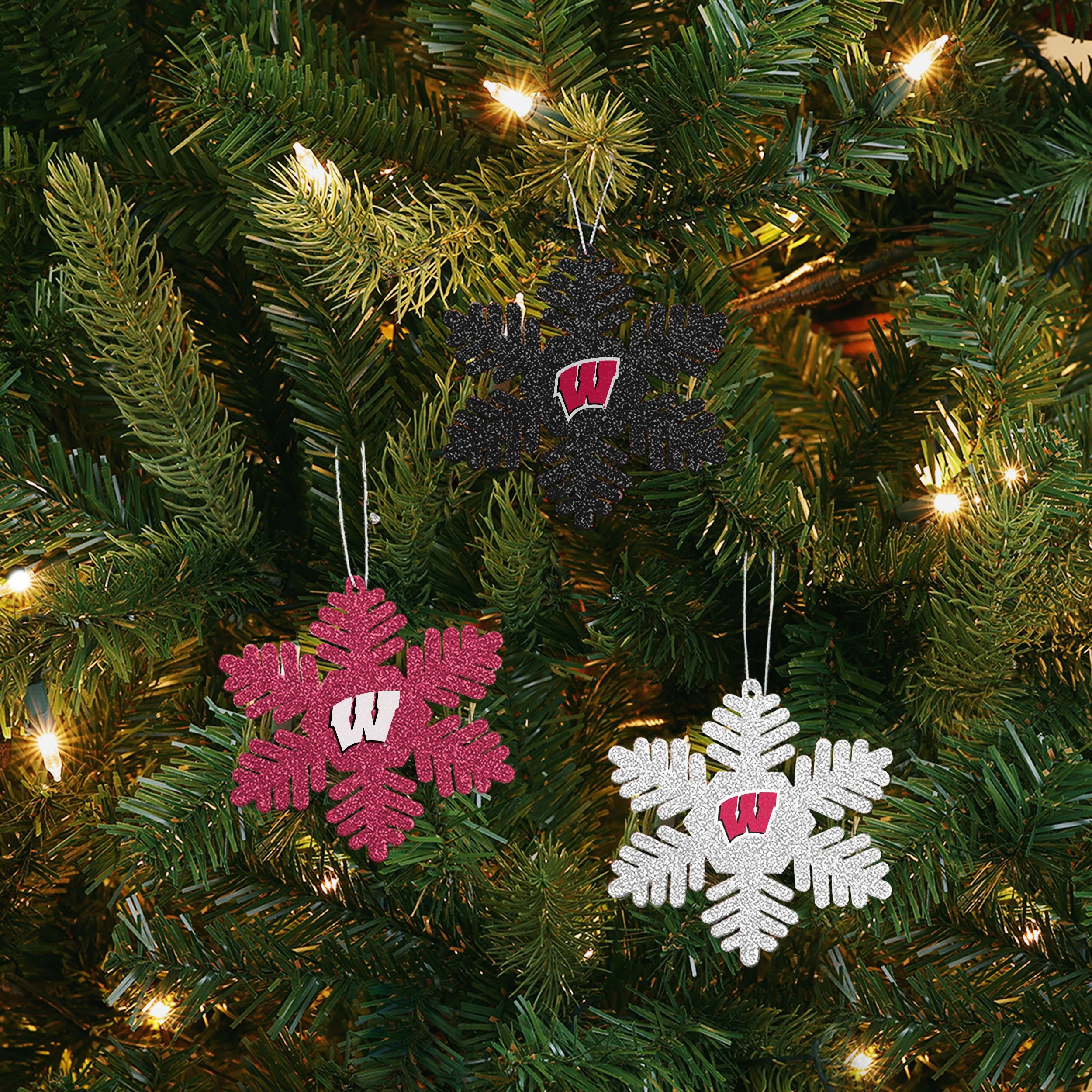 Wisconsin Badgers NCAA 3 Pack Metal Glitter Snowflake Ornament - Image 2