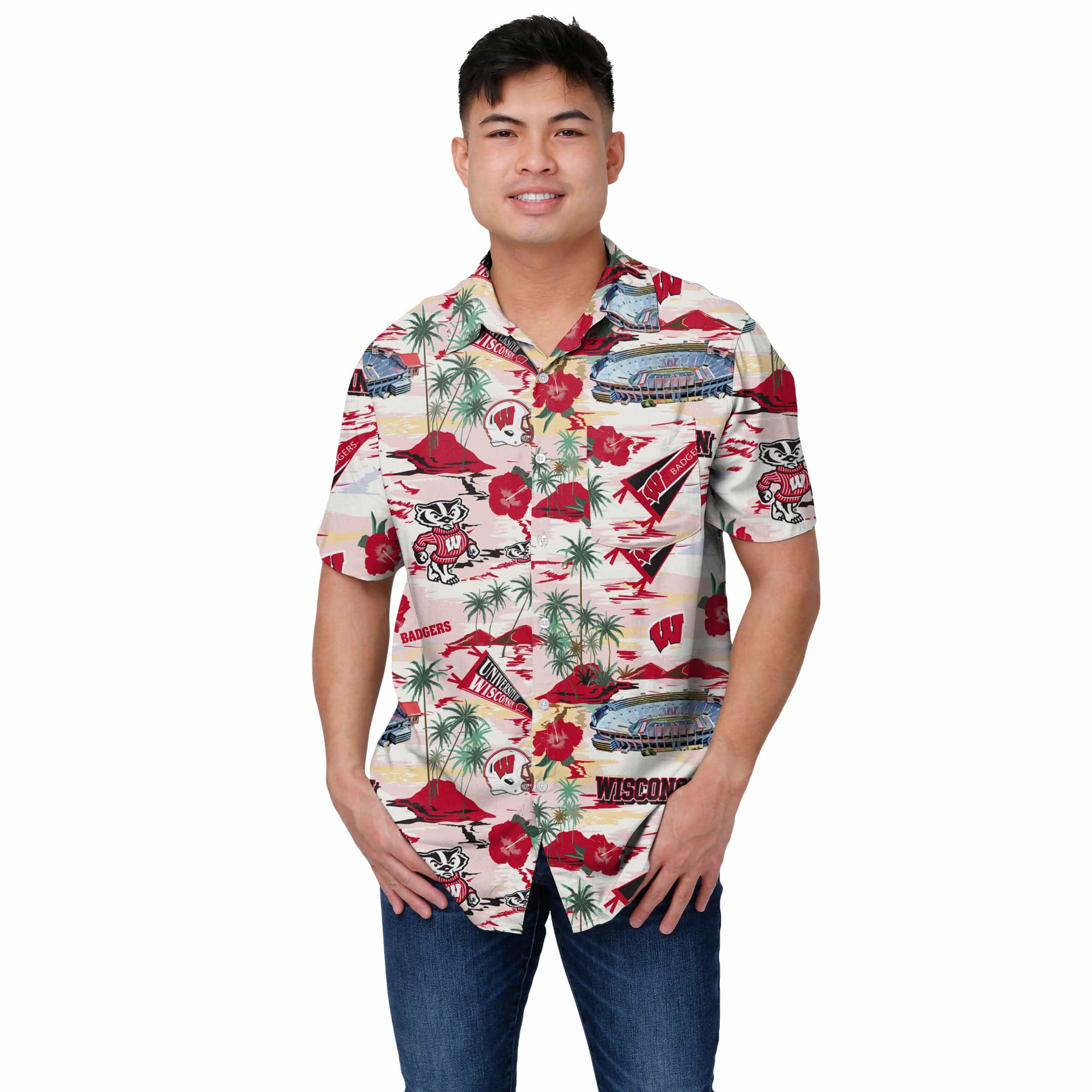 Wisconsin Badgers NCAA Mens Thematic Stadium Print Button Up Shirt - Image 2